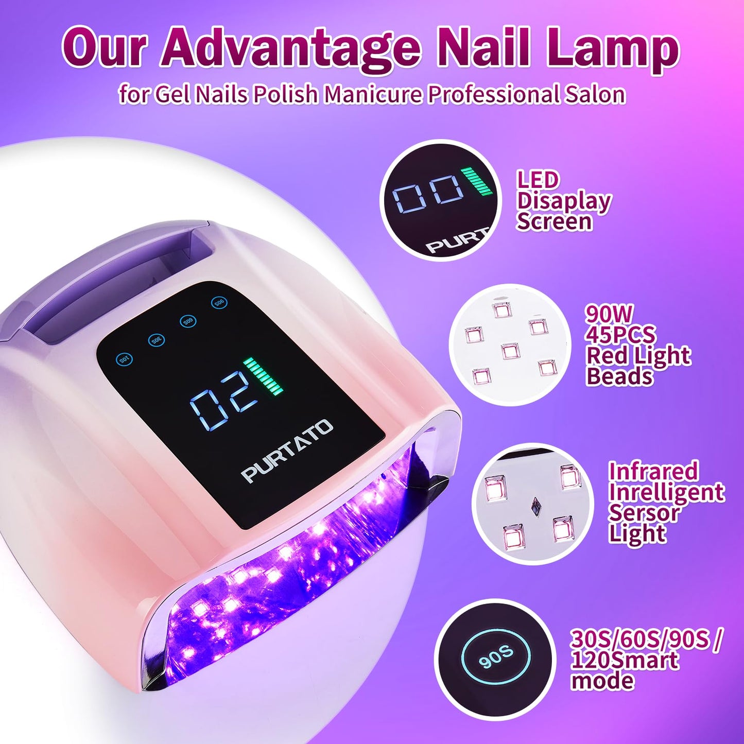 PURTATO Professional Rechargeable 96W UV LED Portable Cordless UV Light for Nail Lamp Machine with Removable Stainless Steel Bottom,4 Timer Setting and Smart Sensor Nail Dryer (Purple&Pink)