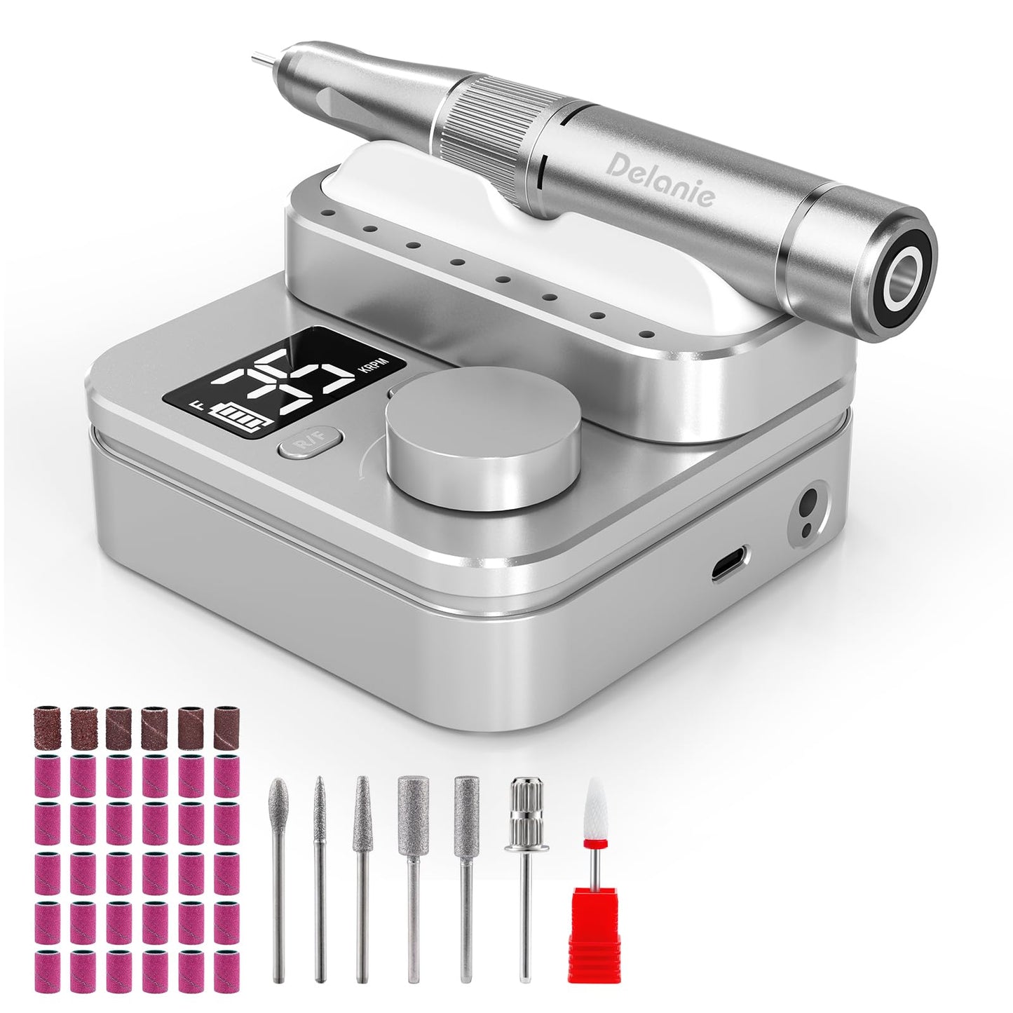 Delanie Electric Nail Drill Machine 35000 RPM, E File for Nails Professional with Magnetic Handpiece Holder, Rechargeable Electric Nail File with 7 bits & 36 Sanding Bands for Manicure Pedicure