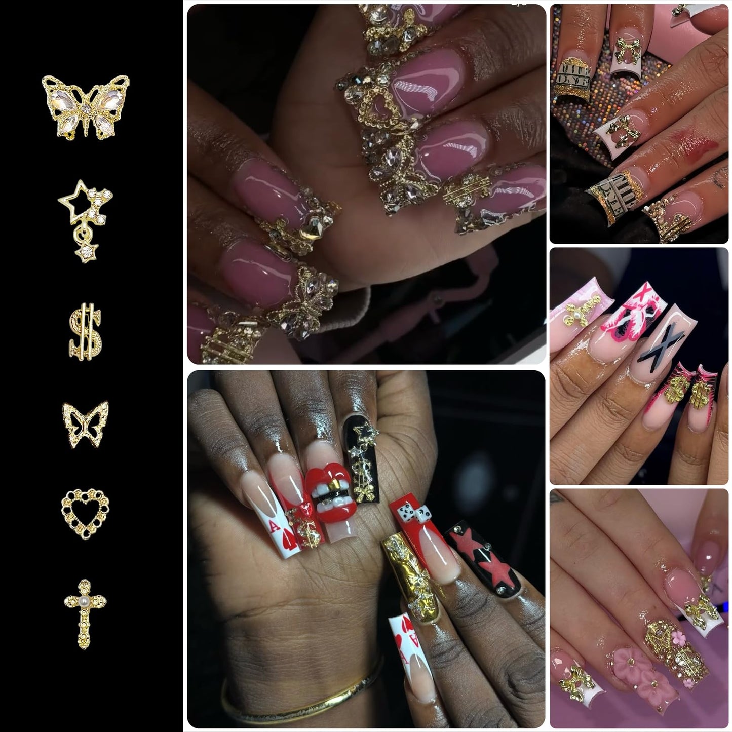 100 Pcs 3D Gold Nail Charms with Cherry Butterfly Cross Bow Star Heart Dollar for Women Nail Art DIY Design