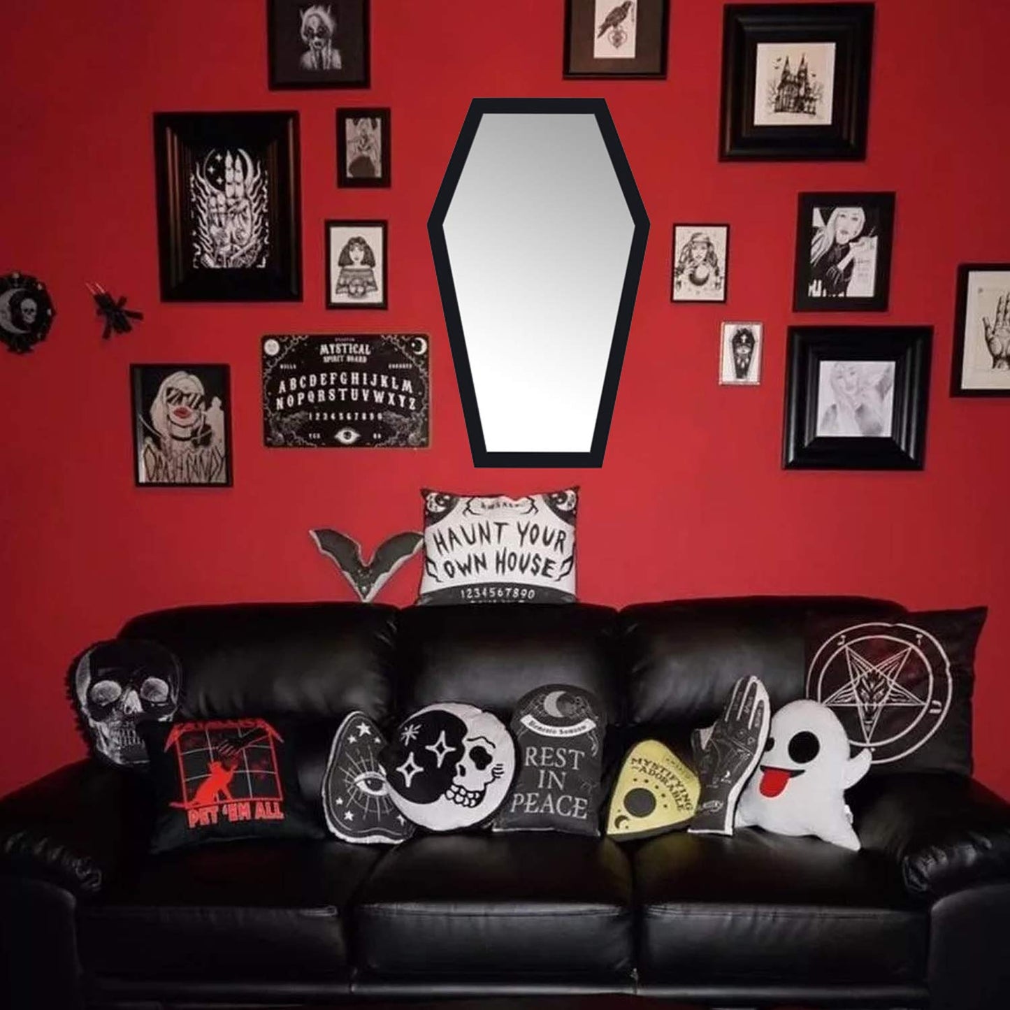 Gothvanity Gothic Coffin Wall Mirror - Spooky Dark Decor for Bedroom Living Room Bathroom, Wooden Sturdy Large Black Mirror with Hooks, Ready to Hang 20x12 Inches