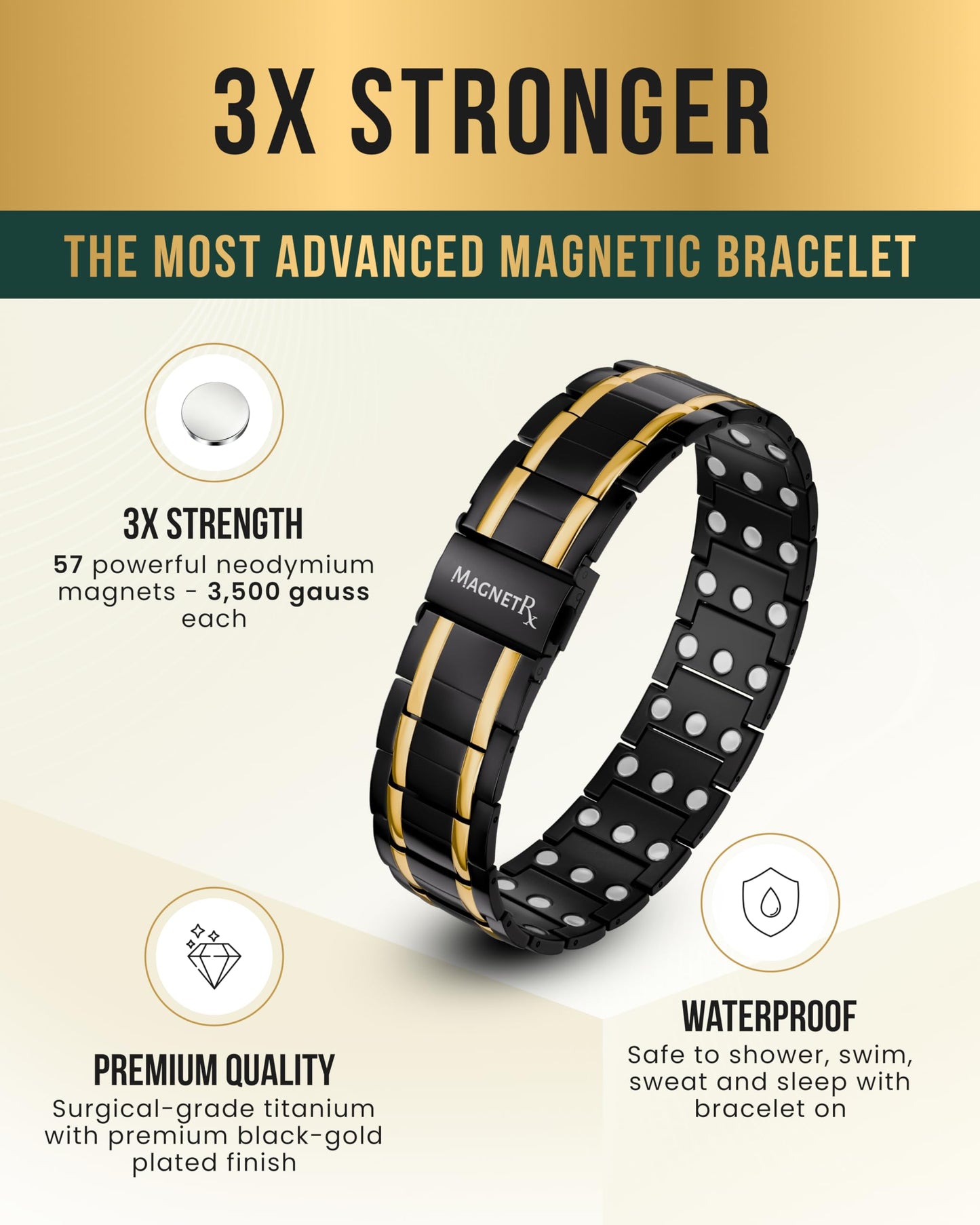 MagnetRX® 3X Strength Titanium Magnetic Bracelet – Magnetic Bracelets for Men – Premium Fold-Over Clasp and Adjustable Length with Sizing Tool (Black/Gold)