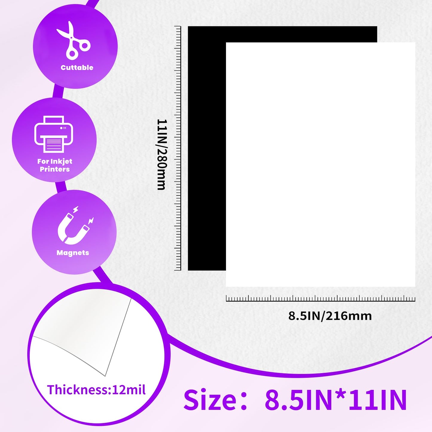 Printable Magnetic Sheets for Inkjet Printer,8.5" x 11"(Pack of 24),12 mil Thick Cuttable Flexible Non-Adhesive Backing Magnetic Printer Paper for DIY Crafts,Photos and Stickers