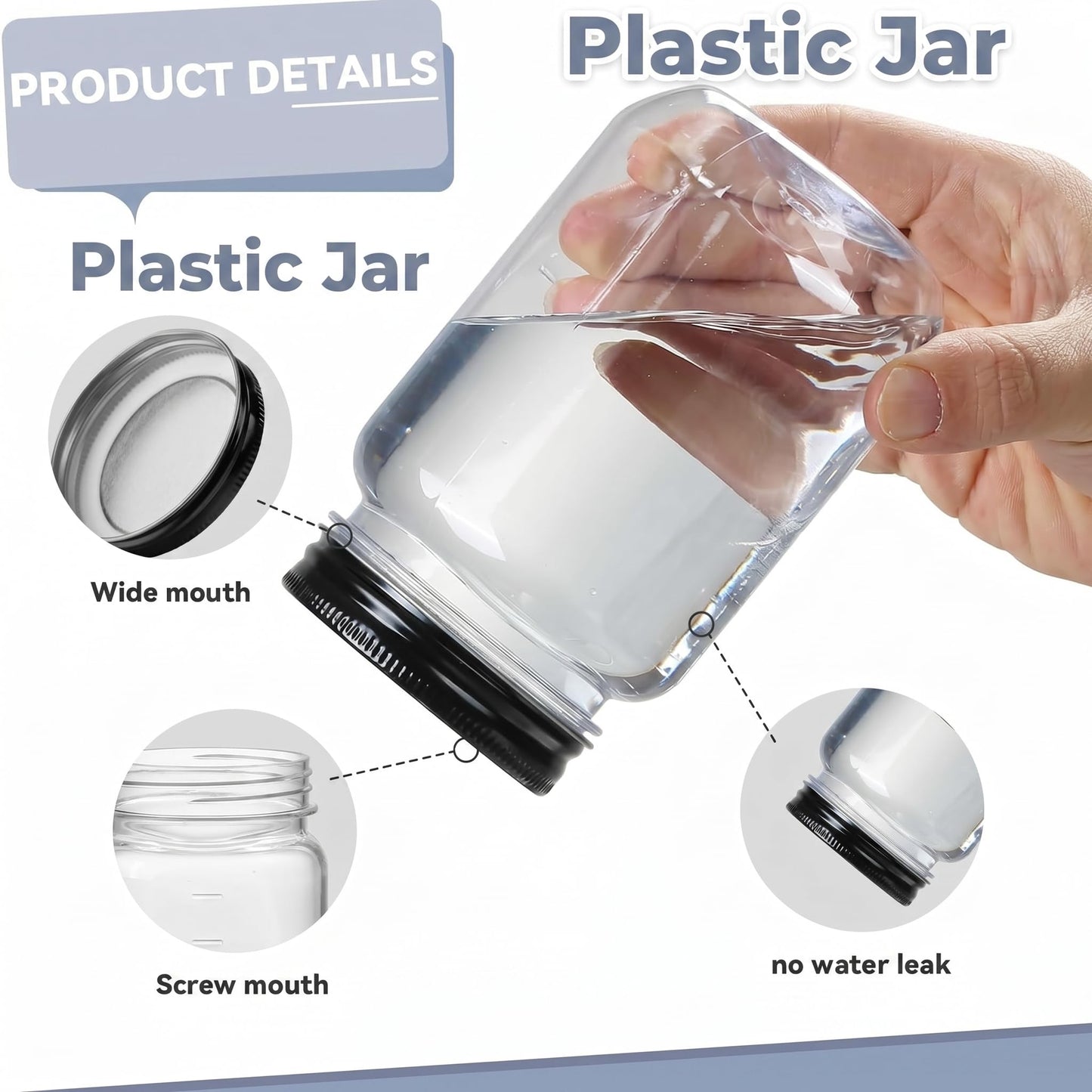 novelinks 16 oz Clear Plastic Jars with Lids, Refillable 16oz Mason Jars with Lids & Storage Containers for Kitchen & Household Use (24 Pack,Black)