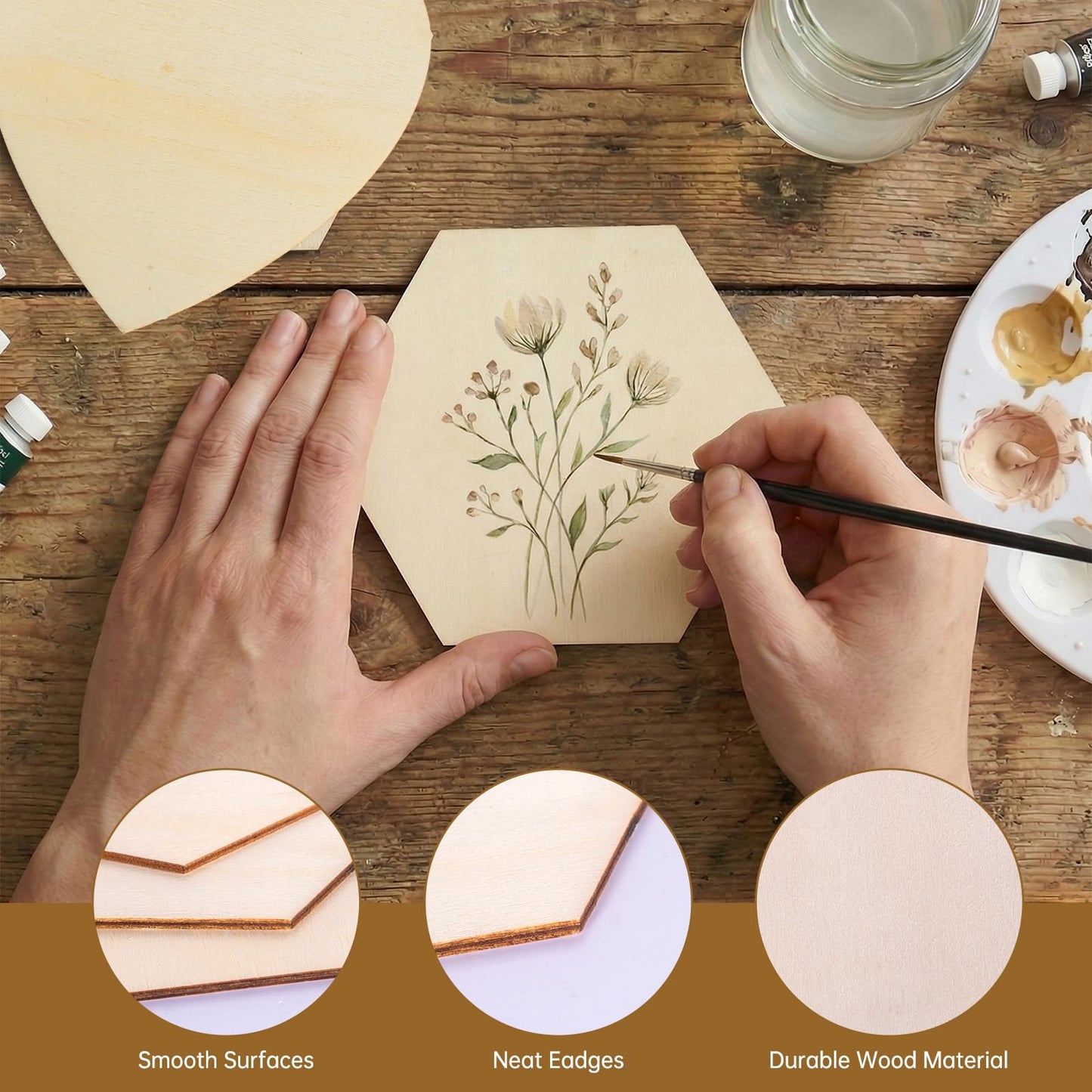 50PCS Wooden Hexagon for Crafts, 4 Inch Unfinished Wood Pieces for Crafts, Natural Hexagon Shape Wooden Slices Cutouts Coasters for Paint DIY Pyrograph Staining Burning Engraving Carving