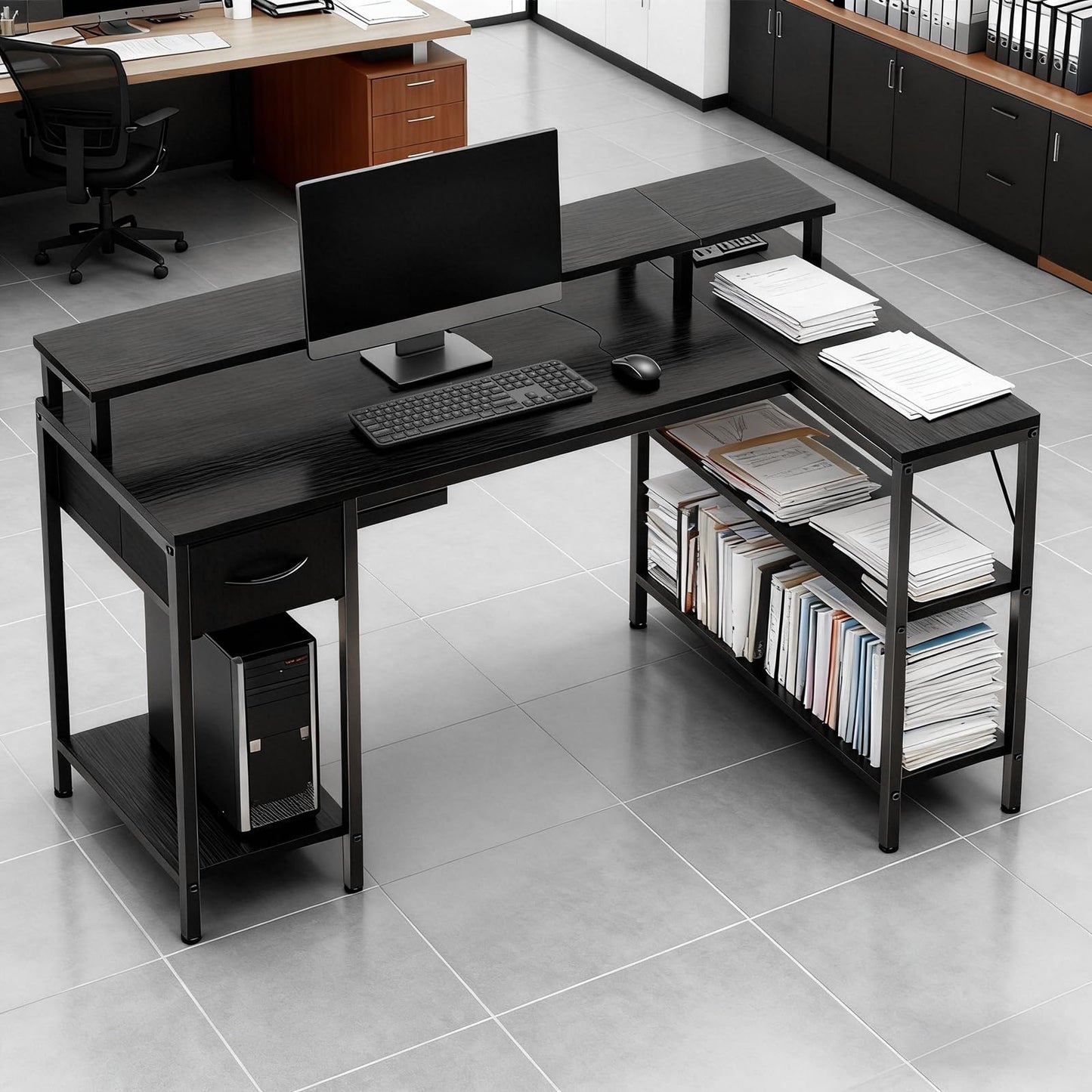 Simple Deluxe 47-inch L-Shaped Gaming Desk with LED Lights & Power Outlets, Reversible Corner Computer Desk with Monitor Riser, Drawer & Shelves, for Home Office, Black