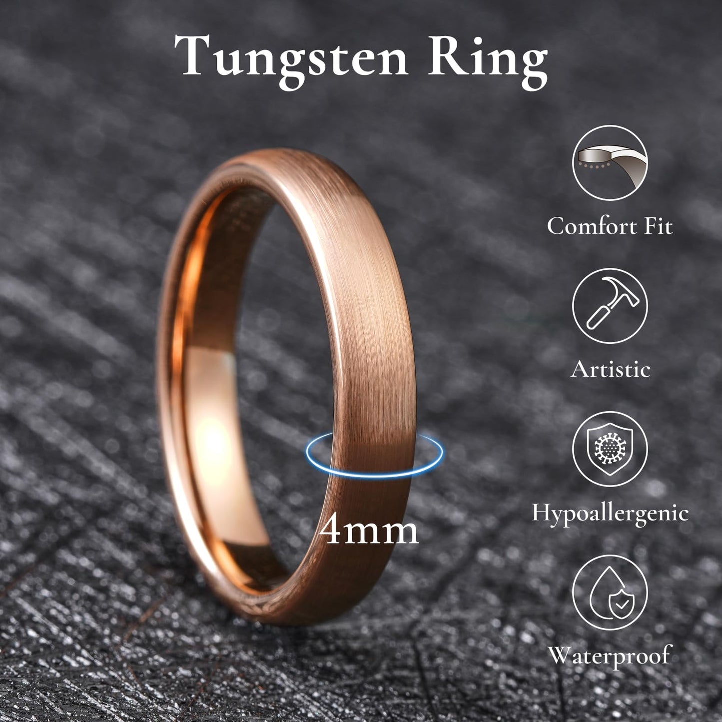King Will 4mm Rose Gold Wedding Band for Women Men, Domed Brushed Tungsten Carbide Rings, Comfort Fit, Durable, Size 10.5