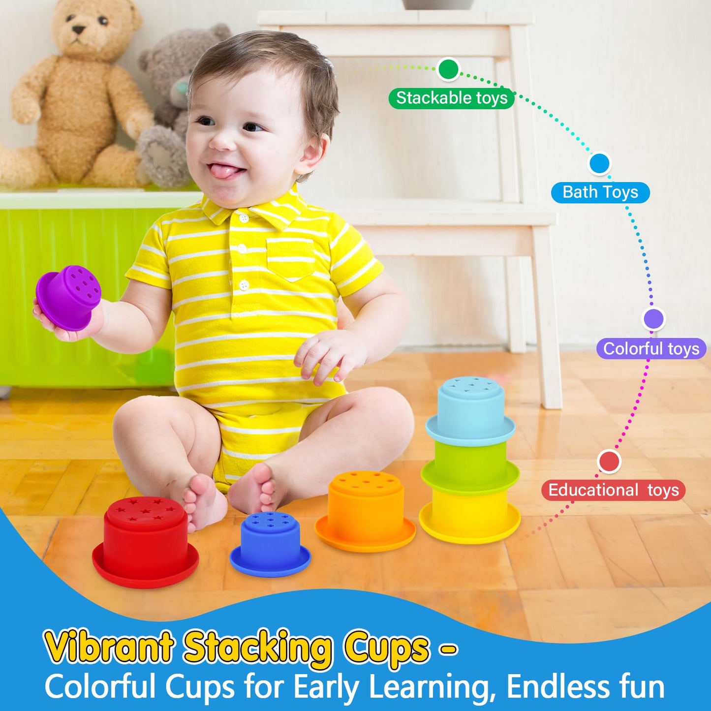 KMTJT Montessori Educational Toys for 1+ Year Old Toddler, 1st First Birthday Gifts for 1-2 Years, Includes Stacking Cups, 2 in 1 Object Permanence Box, Bead Maze, Mirror Puzzle and More