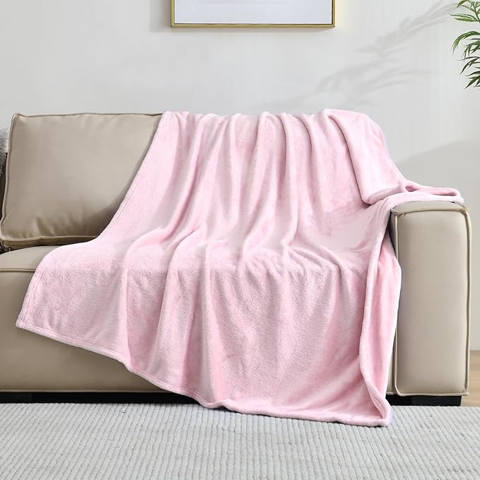 SOCHOW Flannel Fleece Blanket Throw Size, All Season Lightweight Super Soft Cozy Blanket for Bed or Couch, Light Pink, 50x60 inches