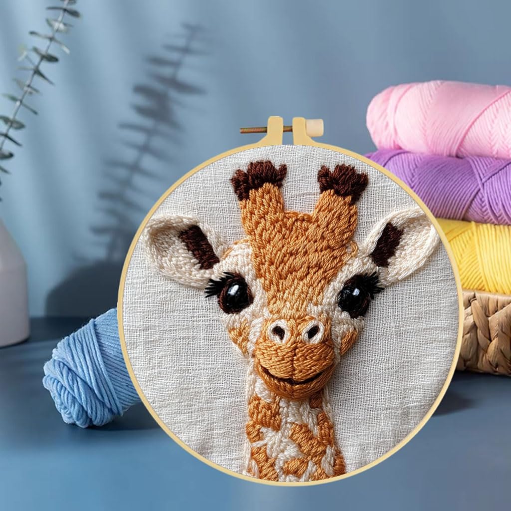 Punch Needle Kits Cute Giraffe Embroidery Starter Set with Hoop Easy for Beginners DIY Stress Relief Handmade Craft Hobby and Home Decor 20x20cm-1