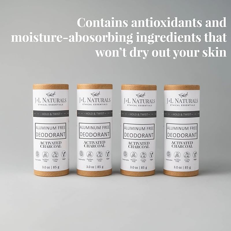 J&L Naturals Aluminum Free Deodorant for Men & Women | 100% Natural Ingredients With Coconut Oil, Shea Butter, & Essential Oils | Sustainable, Eco-Friendly (Activated Charcoal, 3.0 Oz (Pack of 4))