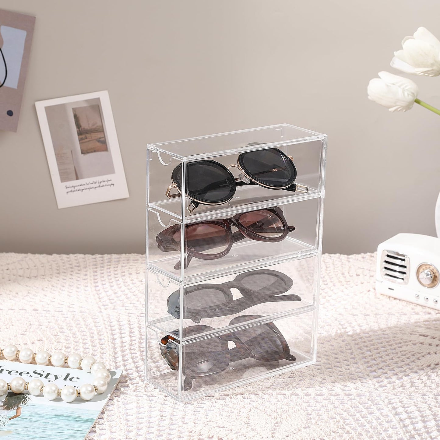 MOTDWKYD Acrylic Stackable Drawer Organizer with 4 Clear Drawers for Bathroom & Vanity Makeup Storage