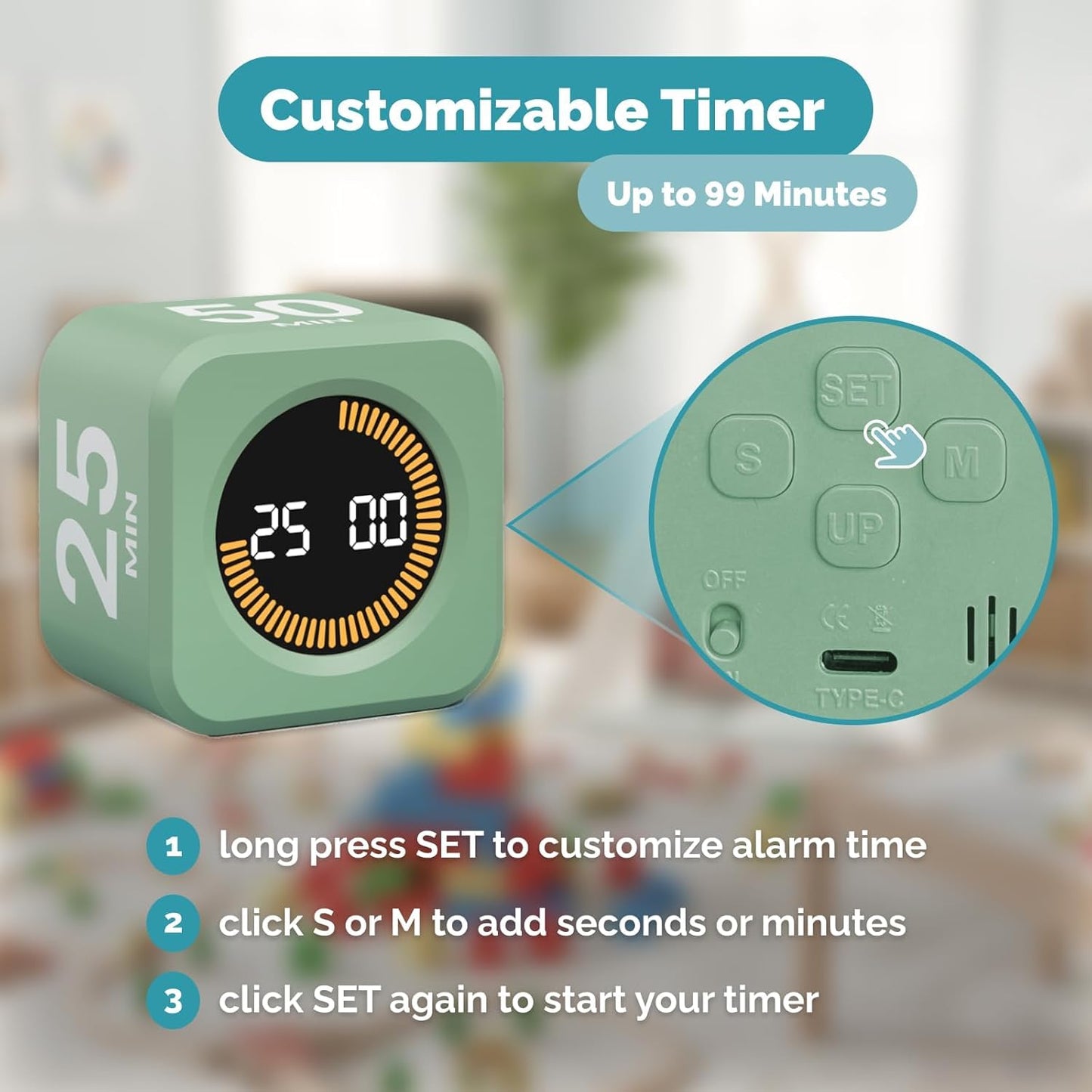 KADAMS Pomodoro Cube Timer Productivity Visual Timer - 5/10/25/50 Min Rotating Countdown (1, Green)
