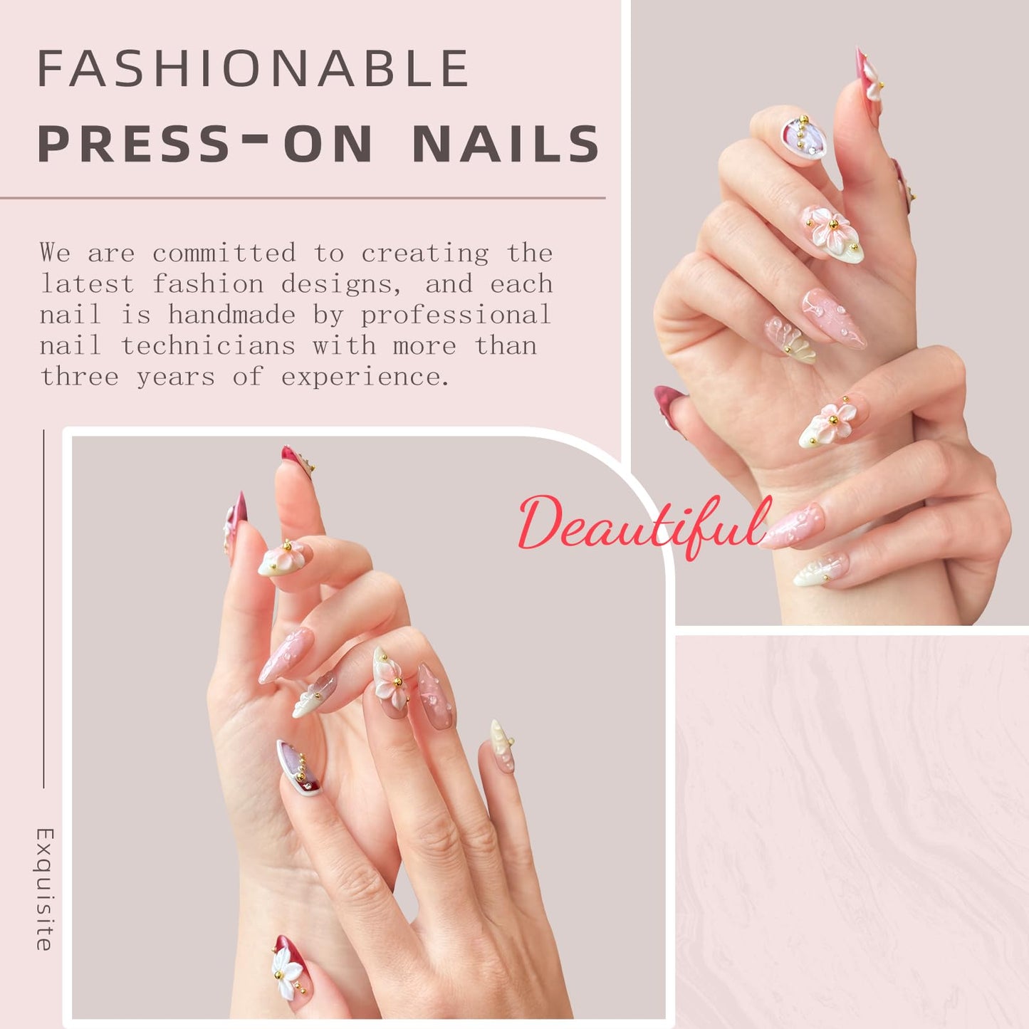 Luxury Press on Nails, Medium Almond 3D Handmade Nails, Reusable French Tip False Nails, Pink Flower Metal, Thick Acrylic ABS Nail Art (10PCS-S)