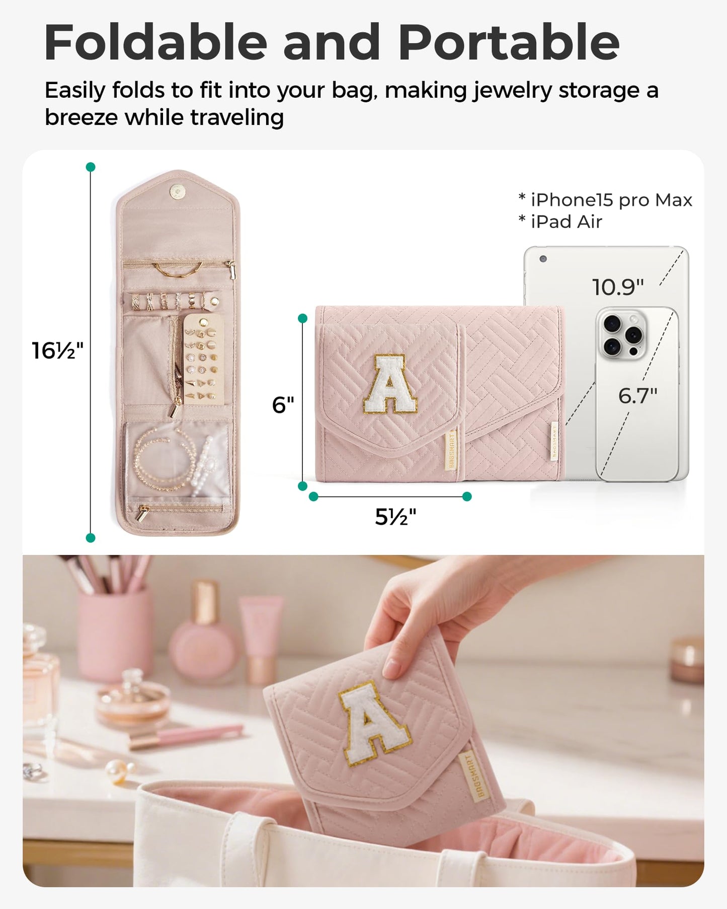 BAGSMART Travel Jewelry Organizer Case A Initial Foldable Jewelry Roll for Journey Rings, Necklaces, Earrings, Bracelets,Mini,Letter A,Soft Pink