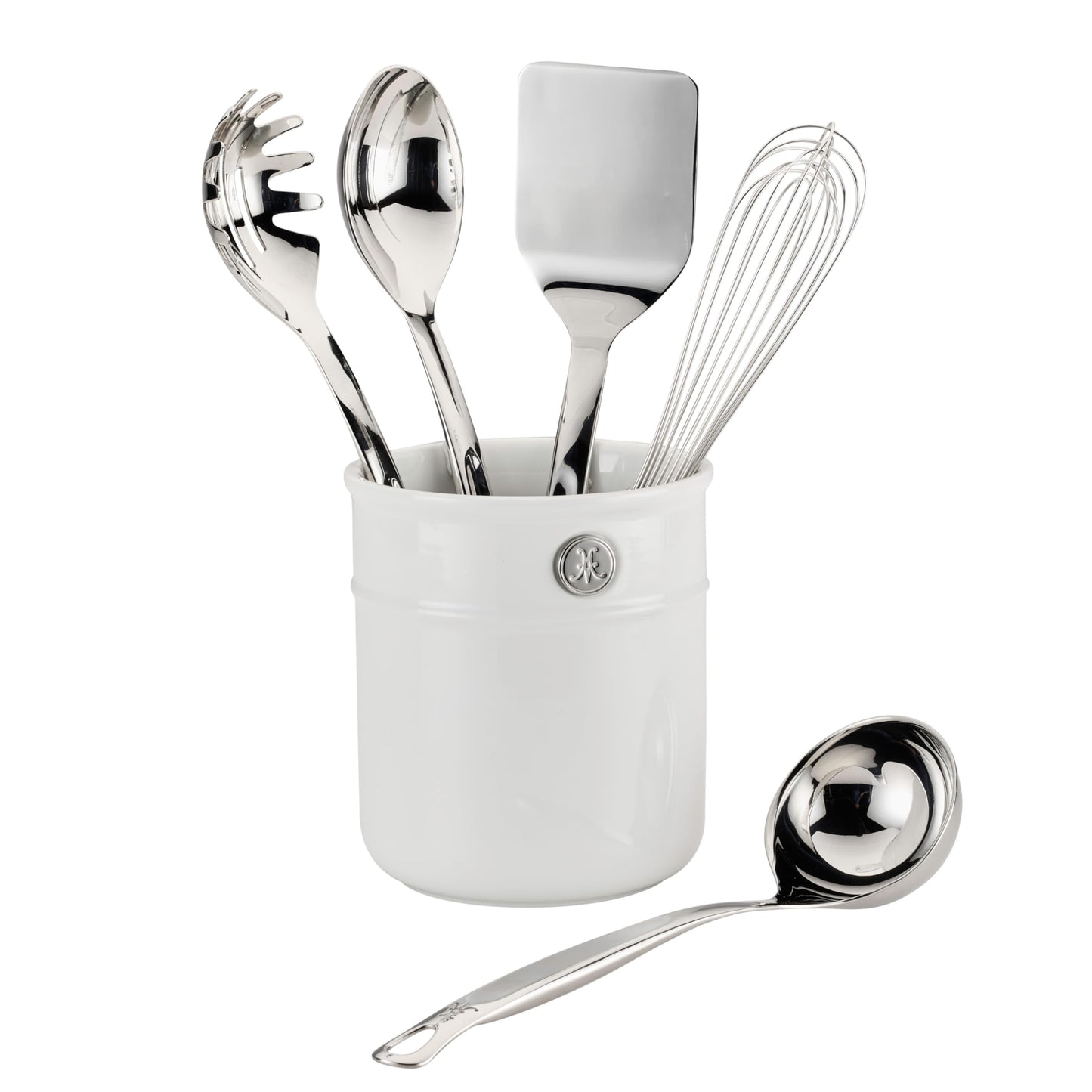 Hestan Provisions Chef's Tools, Deluxe Tool Set (6-Piece) with Porcelain Holder/Bain Marie & Stainless Steel: Solid Spoon, Ladle, Pasta Fork, Turner/Spatula, French Whisk