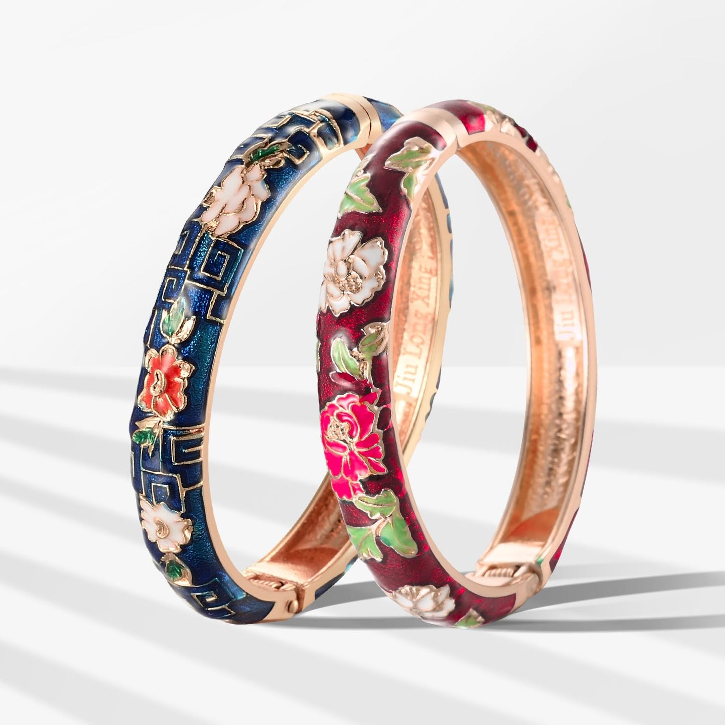 UJOY Vintage Cloisonne Bracelets Flower Enameled Jewelry Plated Cuff Bangle for Women Gift Box 55A113-55A114 WineRed Blue