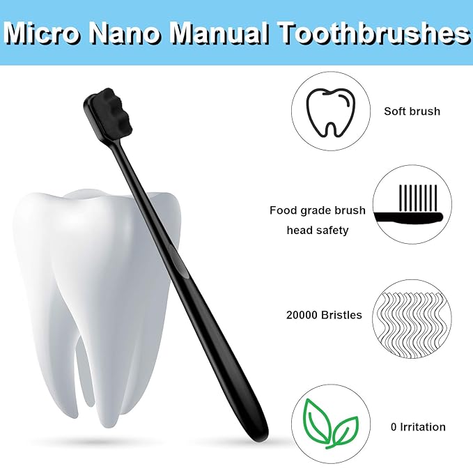 Patelai 8 Pcs Extra Soft Toothbrush Micro Nano with 20, 000 Ultra Soft Bamboo Charcoal Bristles for Adult, Sensitive Gum, Brace and Gum Recession(Black, White Handle with Black Bristle)