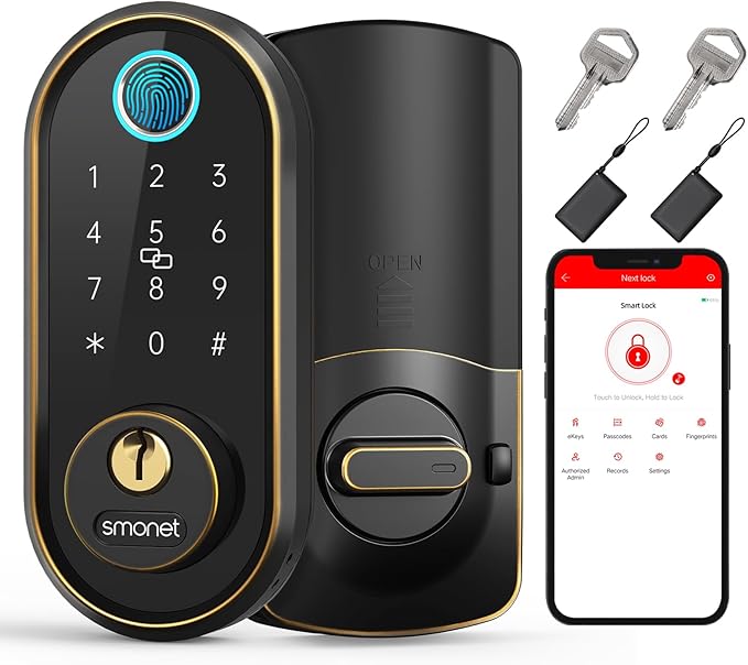 Smart Keyless Entry Door Lock - Fingerprint Electronic Deadbolt Touchscreen Keypad SMONET Biometric Digital Bluetooth Door Lock Smart Deadbolt Compatible with Alexa for Homes and Hotel