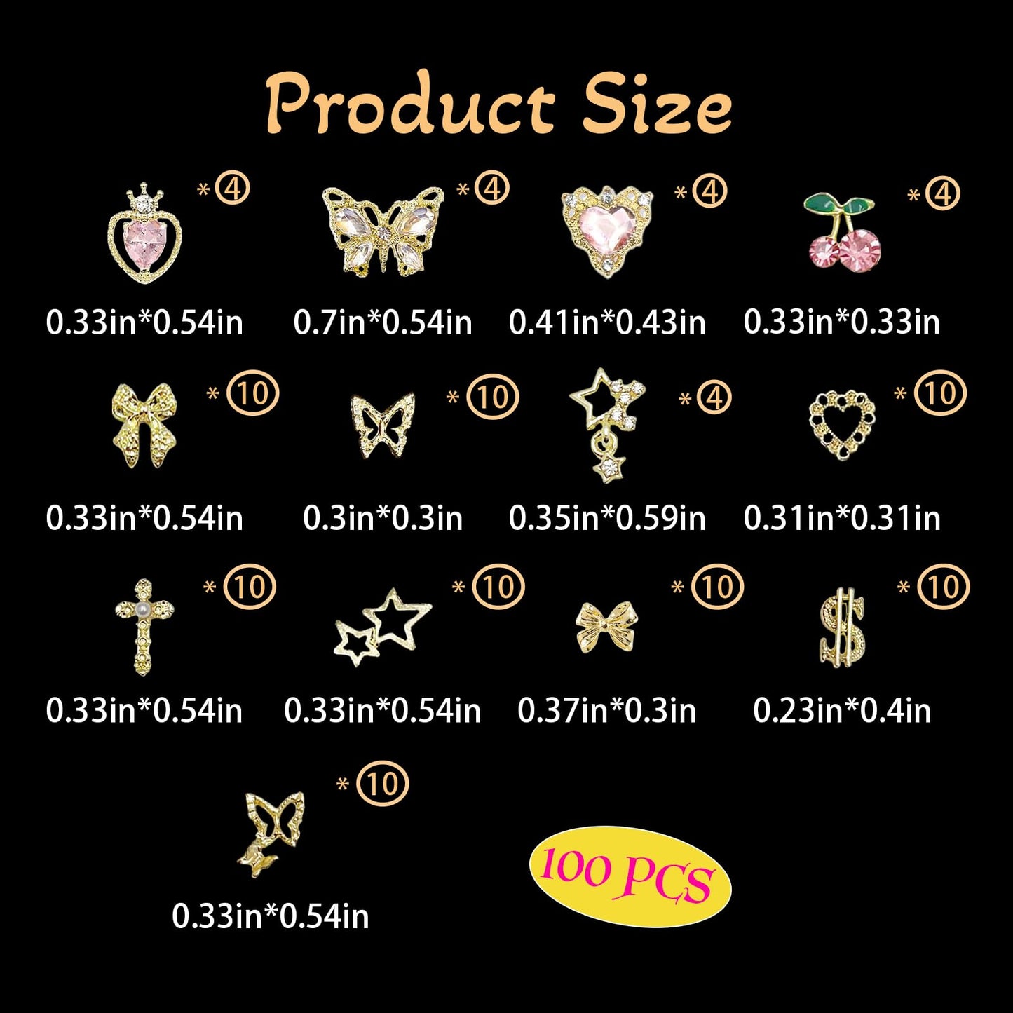 100 Pcs 3D Gold Nail Charms with Cherry Butterfly Cross Bow Star Heart Dollar for Women Nail Art DIY Design