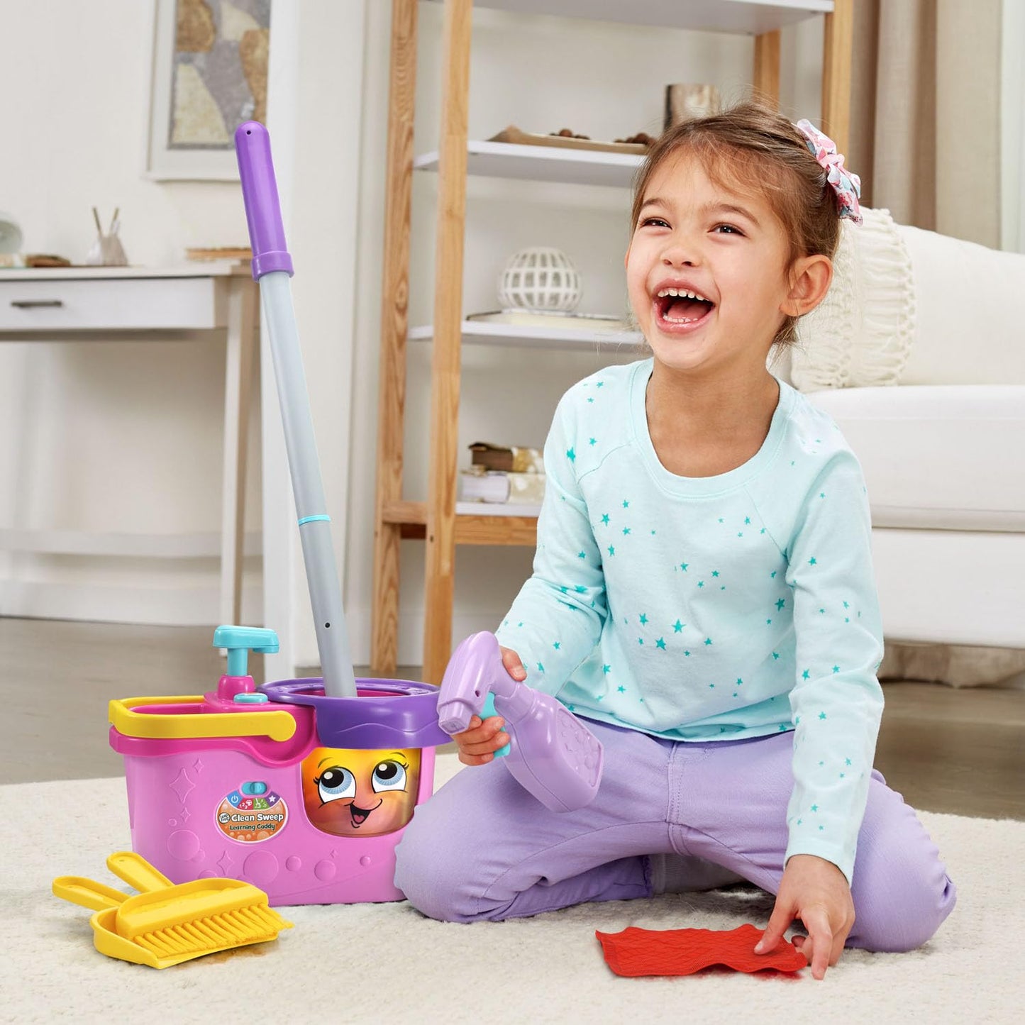 LeapFrog Clean Sweep Learning Caddy, Kids Mop and Broom Cleaning Toy Set for Ages 3-5, Pink