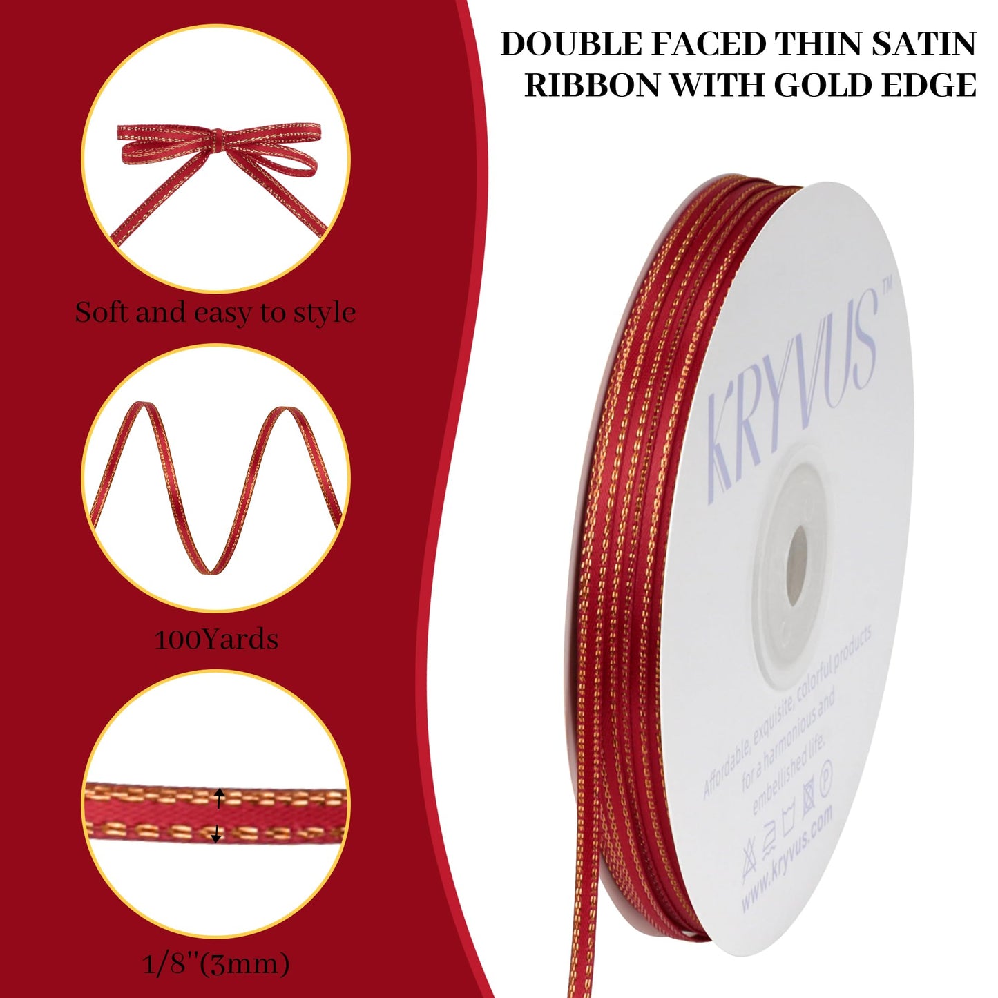 Kryvus Red Satin Ribbon with Gold Edge - 1/8 inch x Continuous 100 Yards Double Faced Thin Ribbon for Wedding Invitation Card, Gift Wrapping, Christmas Ornaments, Crafts