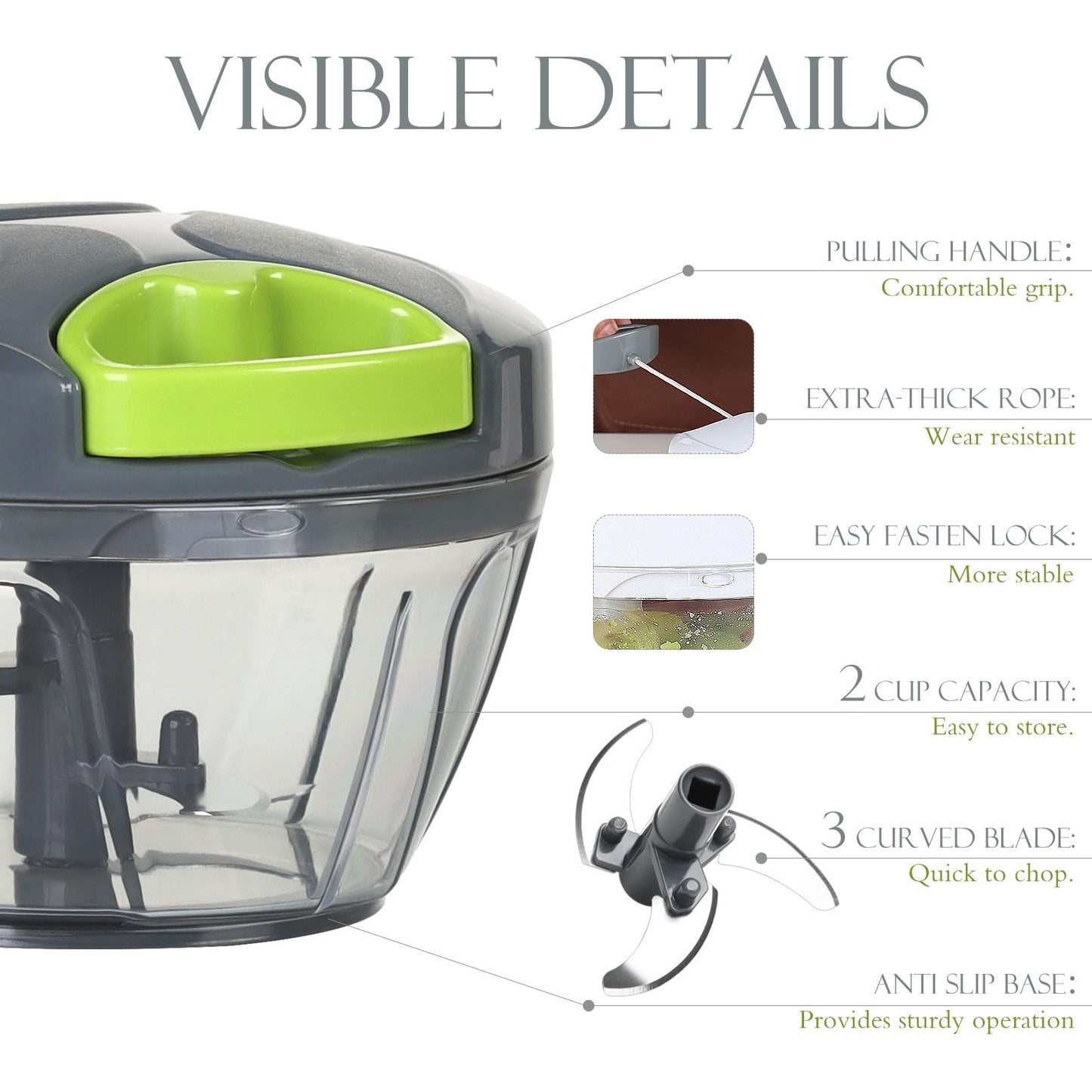 Ourokhome Manual Food Processor Vegetable Chopper, Portable Hand Pull String Garlic Mincer Onion Cutter for Veggies, Ginger, Fruits, Nuts, Herbs, etc., 500ml, Grey