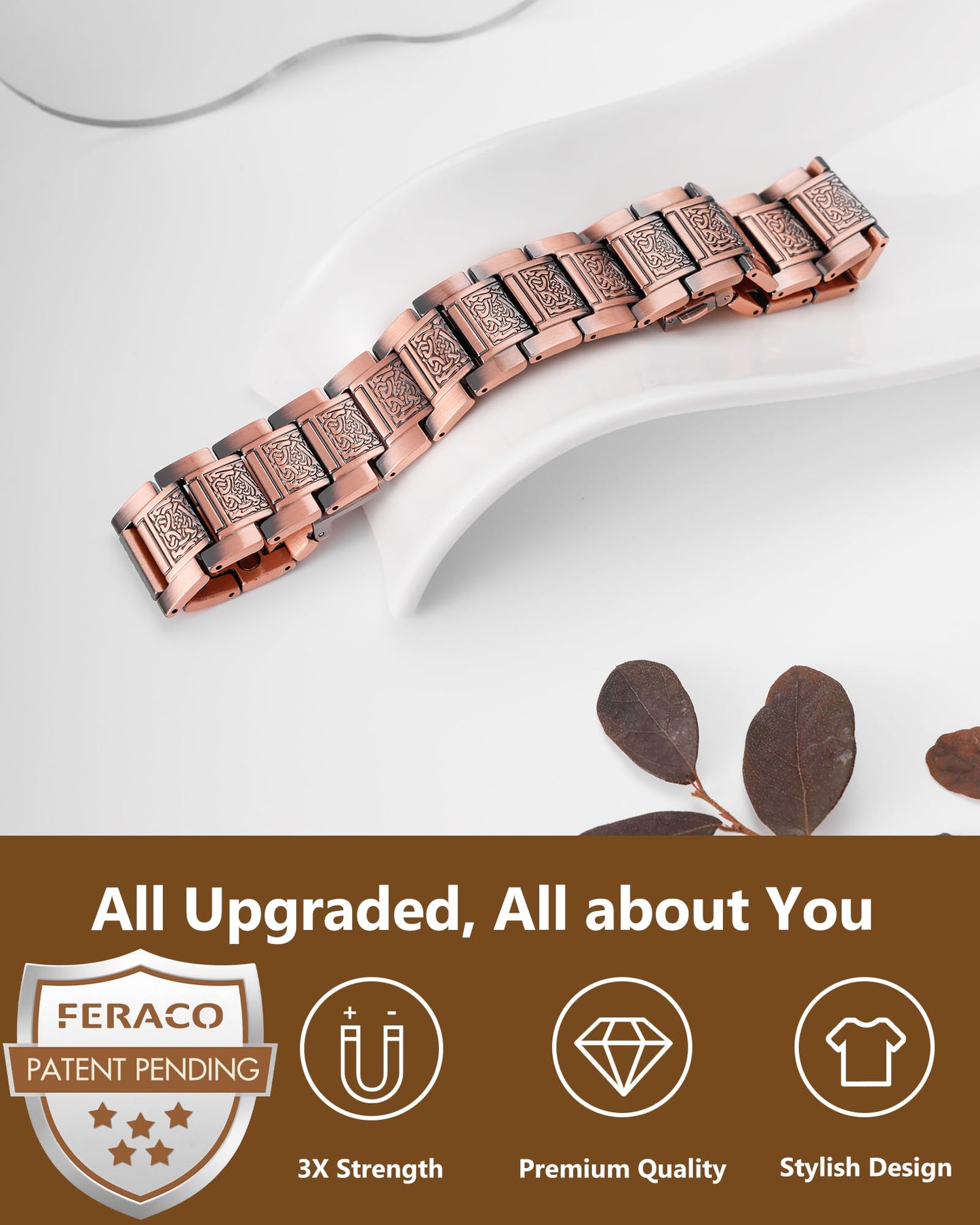 Feraco Copper Bracelet for Men, 3X Strength Magnetic Therapy Bracelet with Powerful 3800 Gauss Magnets,Copper Cooper Jewelry