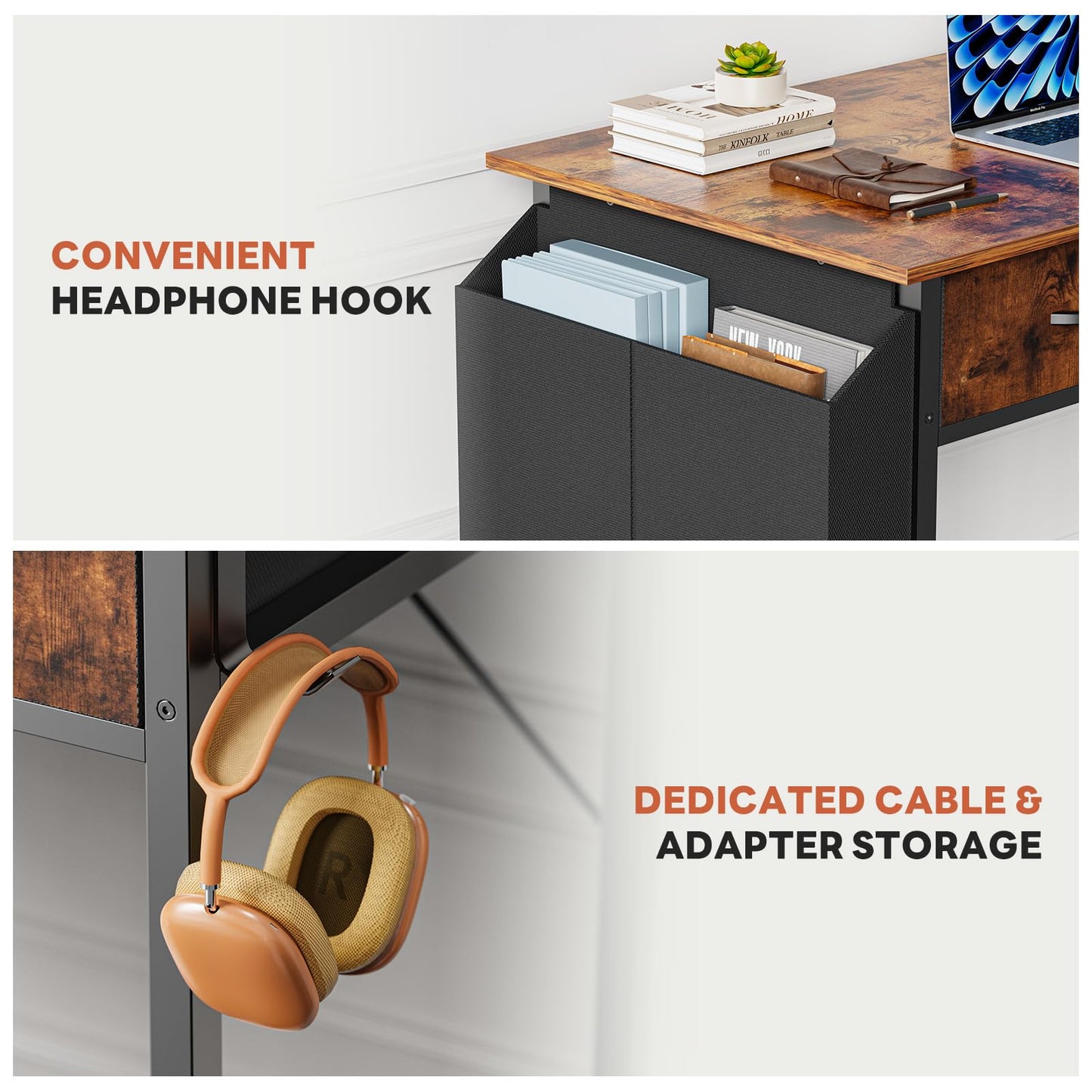 DUMOS 32" Home Office Computer Desk with Drawers, Small Gaming Writing Study Table with Storage Side Bag, Headphone Hook and Adjustable Feet for Bedroom Rustic Brown