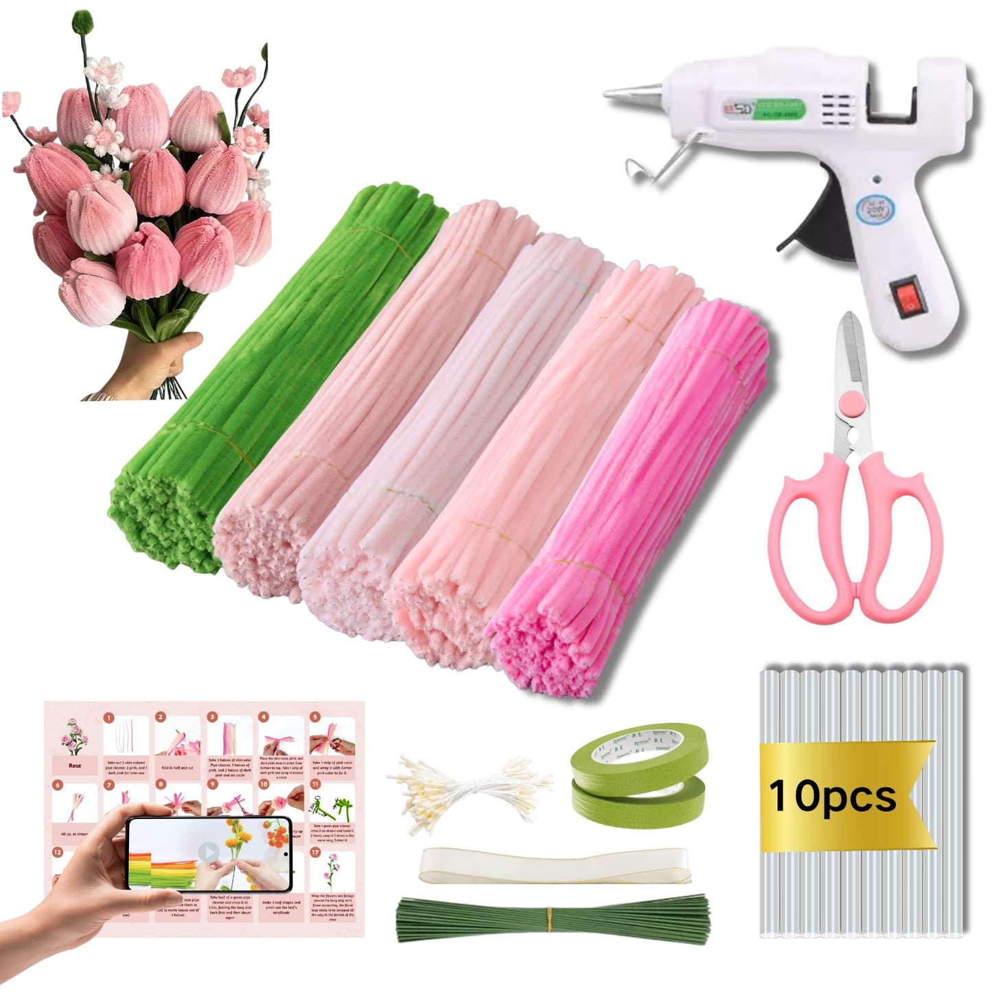 Xokpait 500pcs Pipe Cleaners Flowers Kit,Chenille Stems for DIY Flower Making Kit,Pipe Cleaners Projects Creative for DIY Art and Craft,Ideal for Holiday Decoration(Pink)