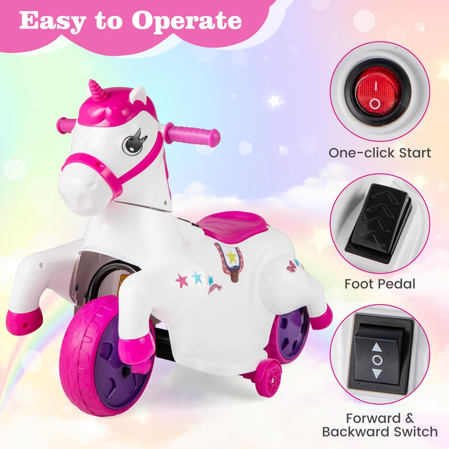 OLAKIDS 2 in 1 Ride on Motorcycle and Horse, Unicorn 6V Battery Powered Ride on Toy with Up & Down Function, MP3, Power Display, Training Wheels, Kids Electric Vehicle Aged 3-6 Years (Pink)