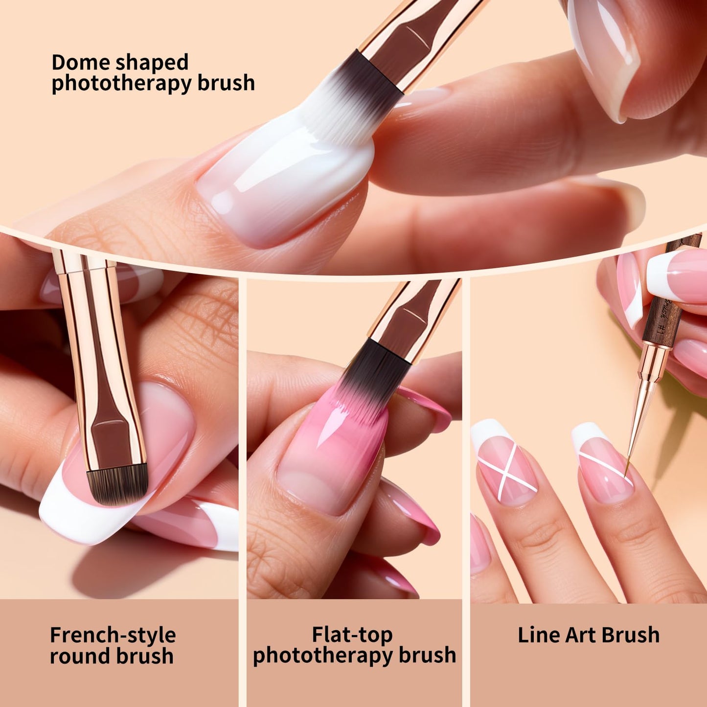 Nail Brushes Set for Builder Gel & Polygel, 2-Pack Double-Ended with Wooden Handles & Pouch (Round + Square, French tip + Liner)
