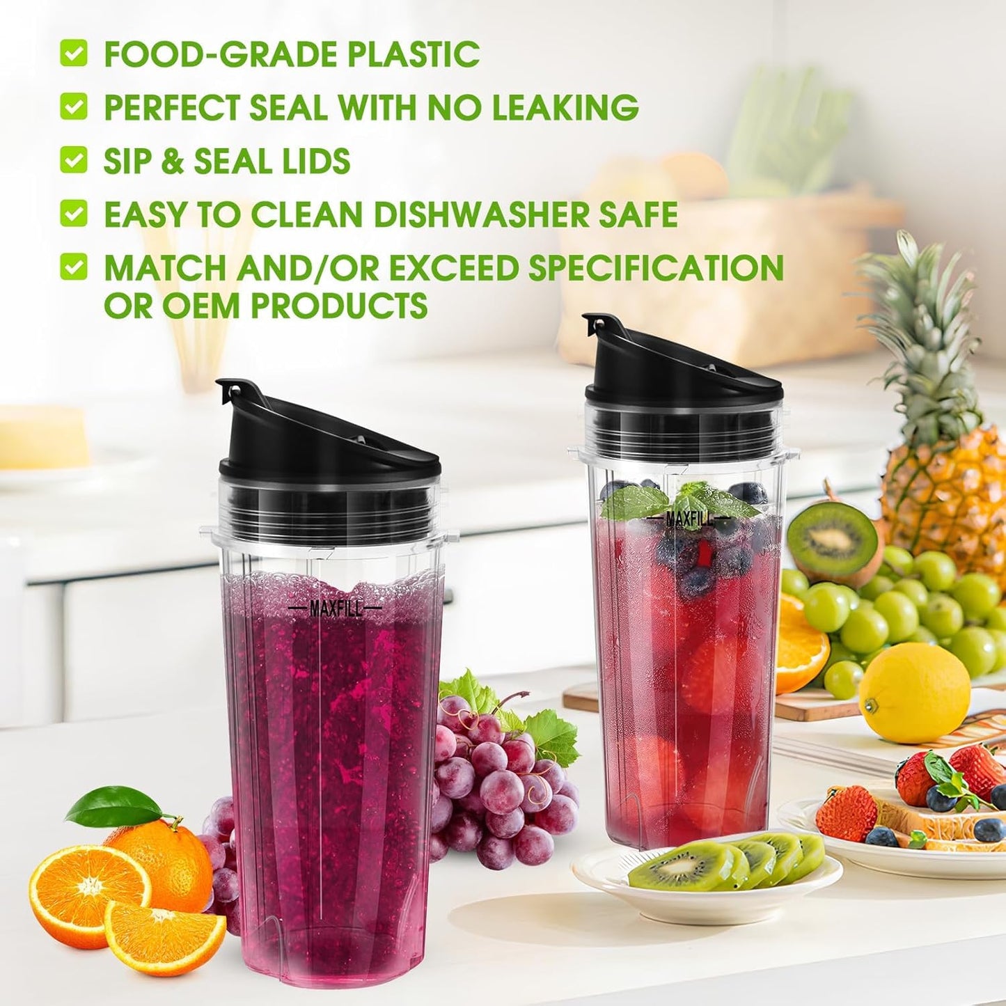 Blender 16oz Cups Replacement for Ninja - 3 Pack Ninja Blender Cups with Lids, Compatible with Ninja QB3001SS, BL770, BL780, BL660, BL740, BL810, Nutri Ninja Series Blenders