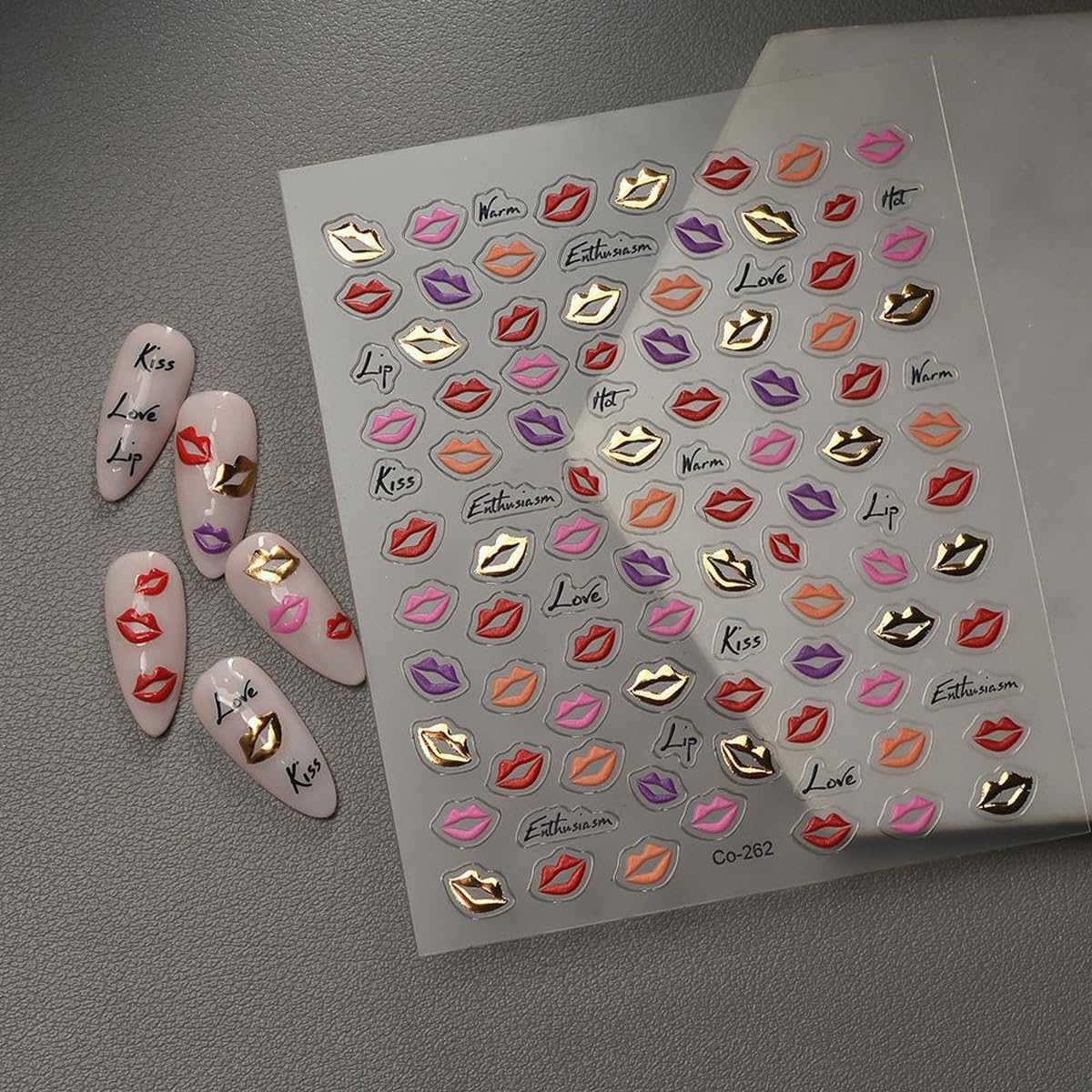 HPYFOI 5D Embossed Lip Nail Stickers - Red, Pink, Gold - Self-Adhesive Nail Art Stickers - DIY Manicure Decor - 1 Sheet