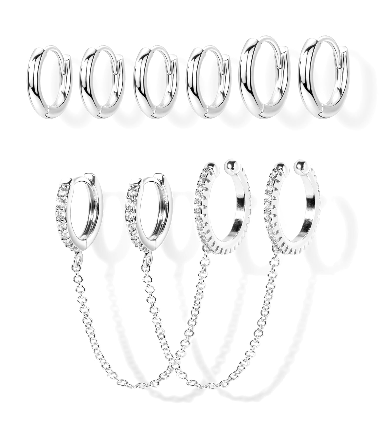 Silver Chain Hoop Cuff Earrings for Women, Double Piercing Chain Huggie Small Stack Cartilage Hoop Earring Sets for Multiple Piercing, Conch Helix Rook Tragus Daith Clip On Jewelry Set Gifts