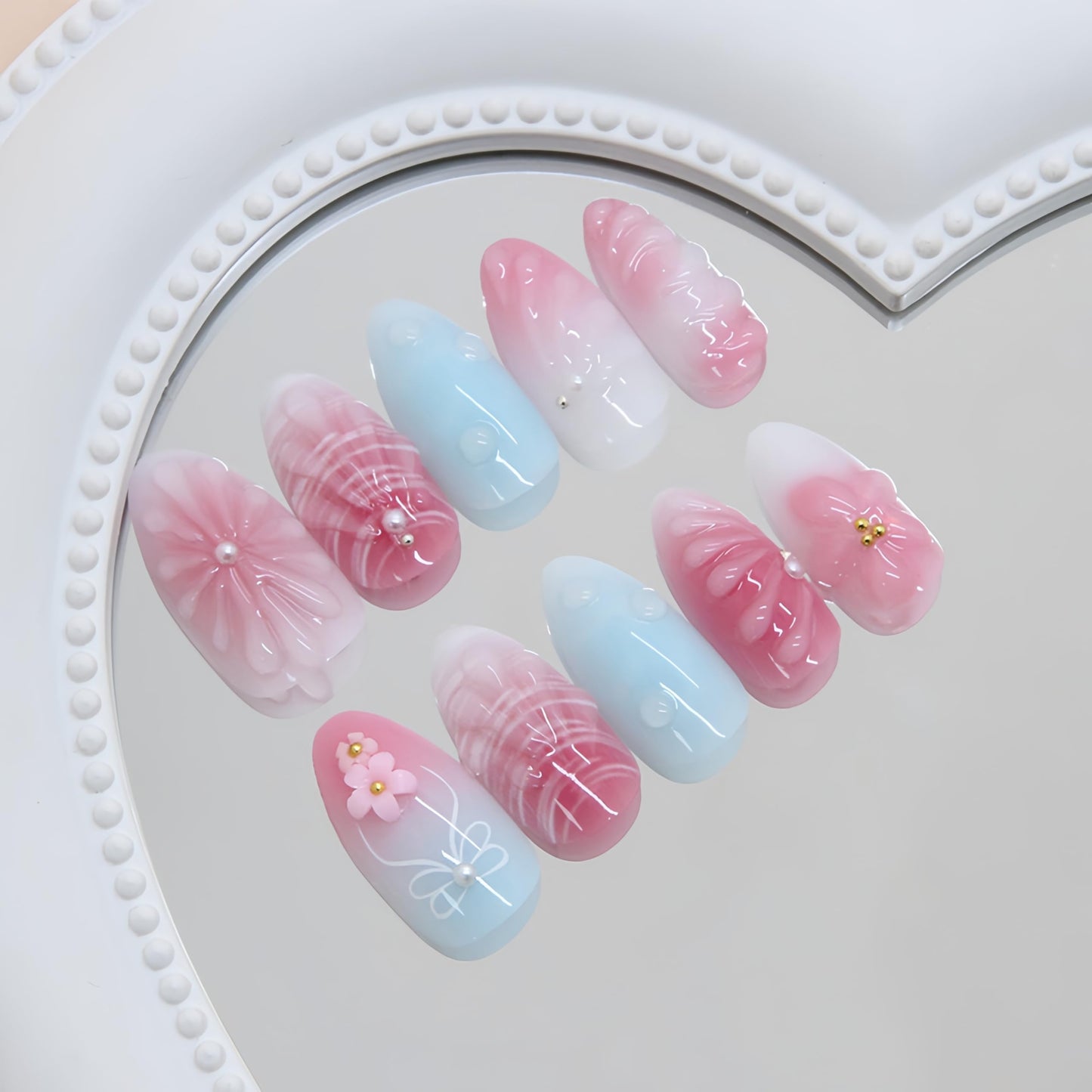 24Pcs Pink Blue Gradient Press On Nails Medium Almond Fake Nails 3D Ripple Bow Pearl Design Stick on Nails White Hibiscus Bow Strawberry Beach Waves False Nails Cute Floral Acrylic Nails for Women