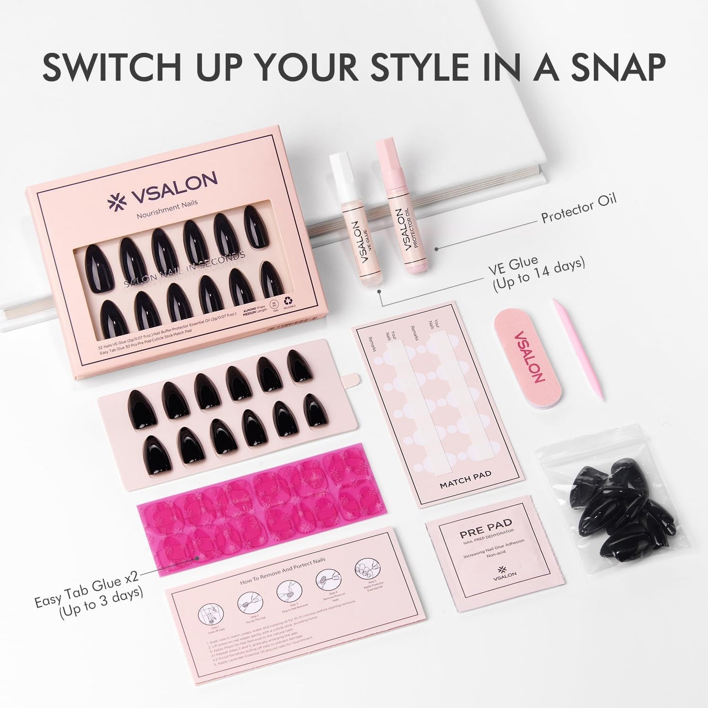 VSALON Almond Press-On Nails - Black Cream Medium Nails & Blue Chrome Cat Eye Nails - 2 Reusable Nail Set (Nourishment & Mini pack)-16 Sizes