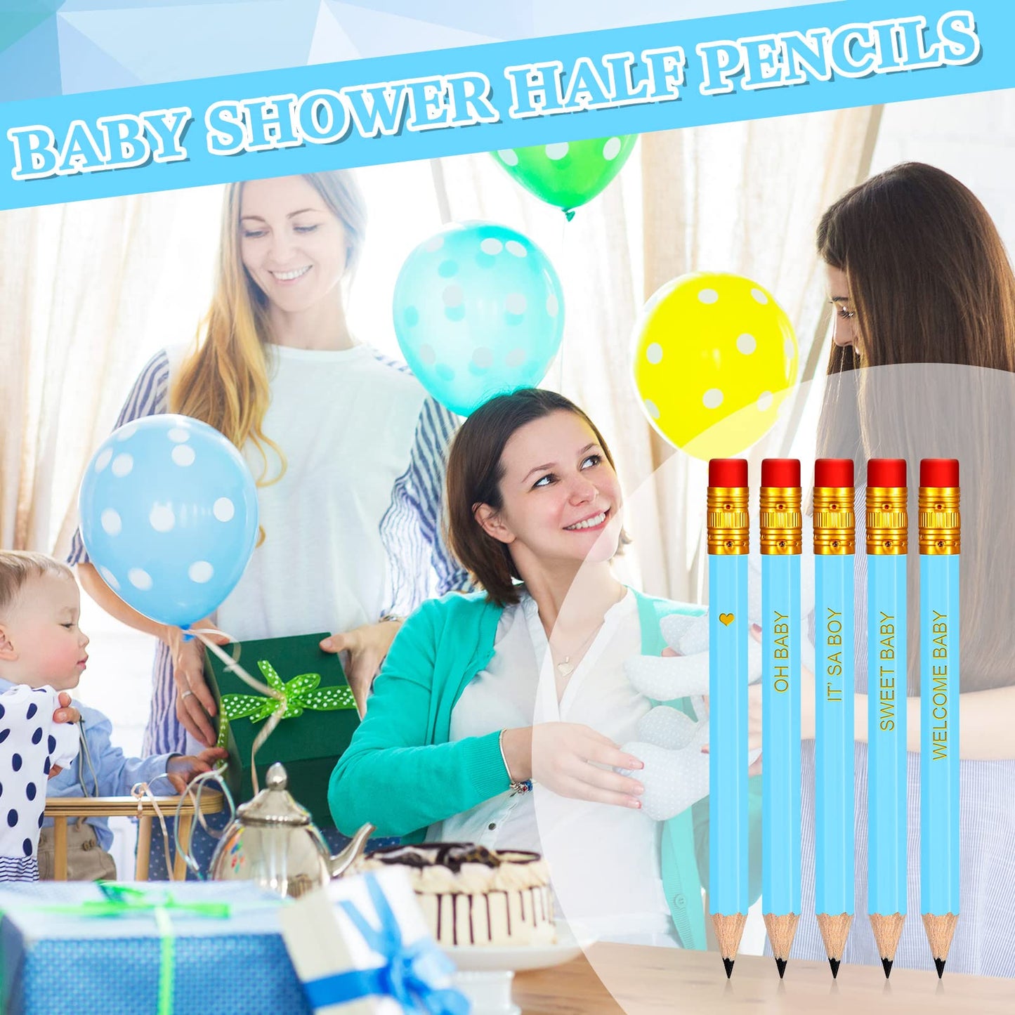 Crtiin 50 Pieces Baby Shower Pencils for Activities Mini Golf Half Pencils, Presharpened with Erasers, 4 Inch(Blue,Boy Style)