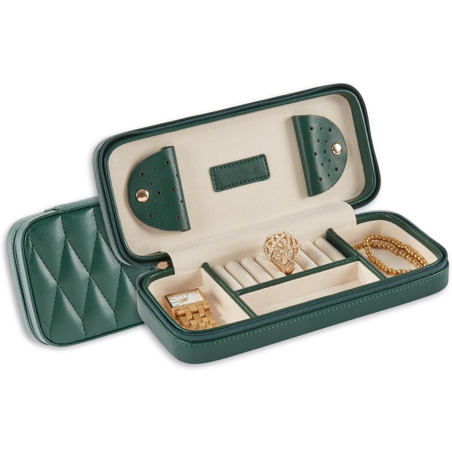 Bey-Berk Diamond-Quilted Leather Travel Jewelry Case, Green, 9" x 4" x 1.75"