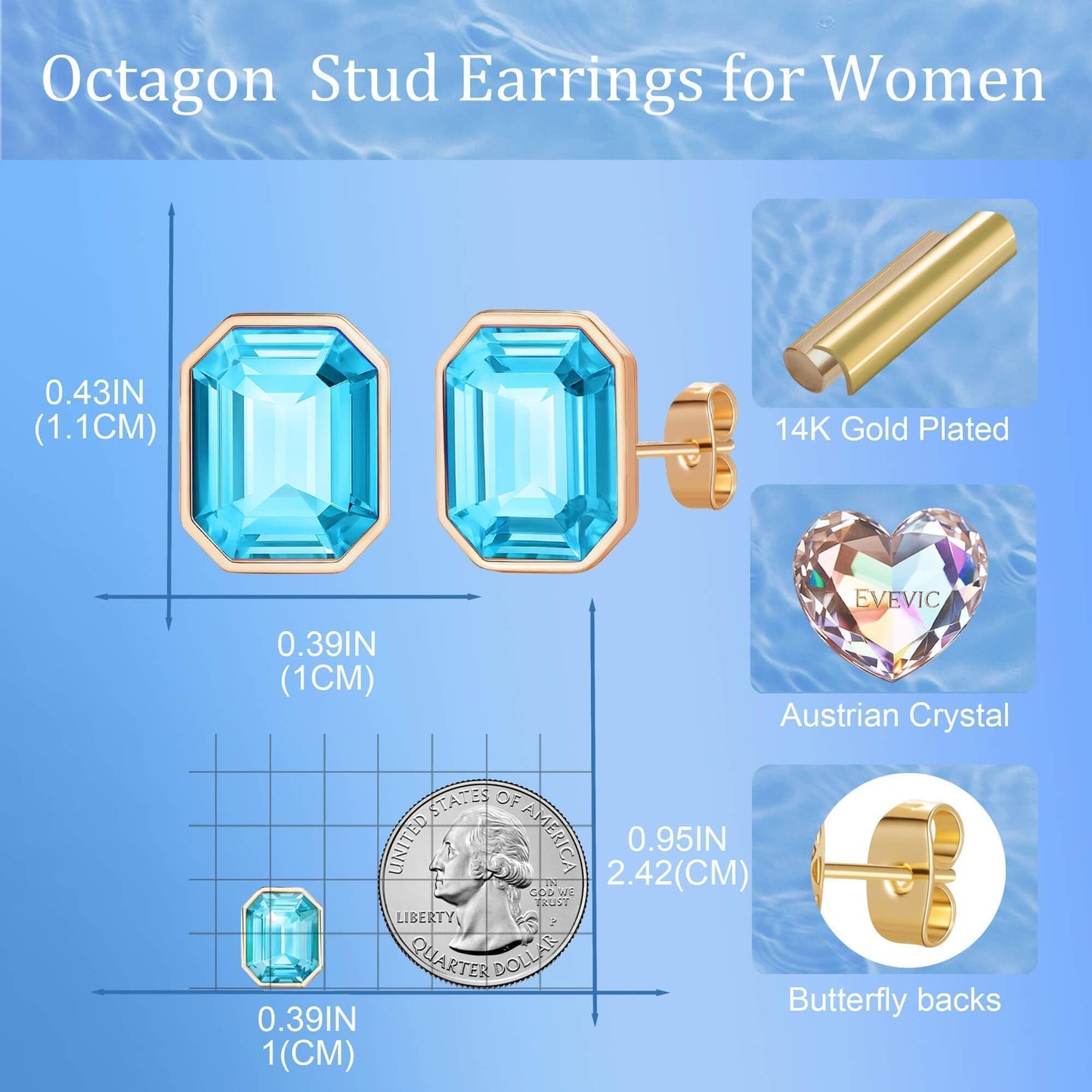 Austrian Crystal Octagon Stud Earrings for Women Fashion 925 Sterling Silver Post Hypoallergenic Jewelry (Sapphire)