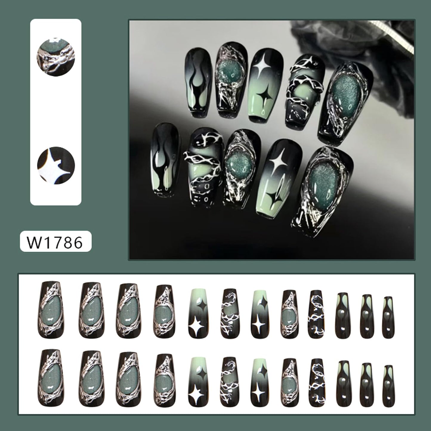 24pcs Dark Press on Nails Medium length Fake Nails Press on with Punk Cool Black Star Crocodile Pattern Dark Gradient False Nails Star Full Cover Glossy Irregular Metal Stick on Nails for Women 24Pcs