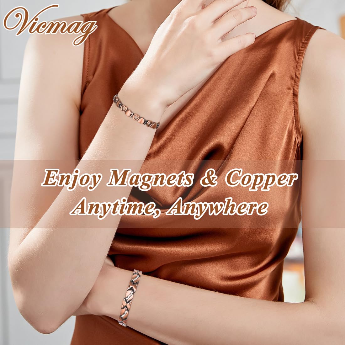 Vicmag Copper Magnetic Bracelet for Women Magnets Brazaletes 99.9% Solid Pure Copper Jewelry Gift for Her (Adjustable Size with Gift Box) (2PCS Love Heart)