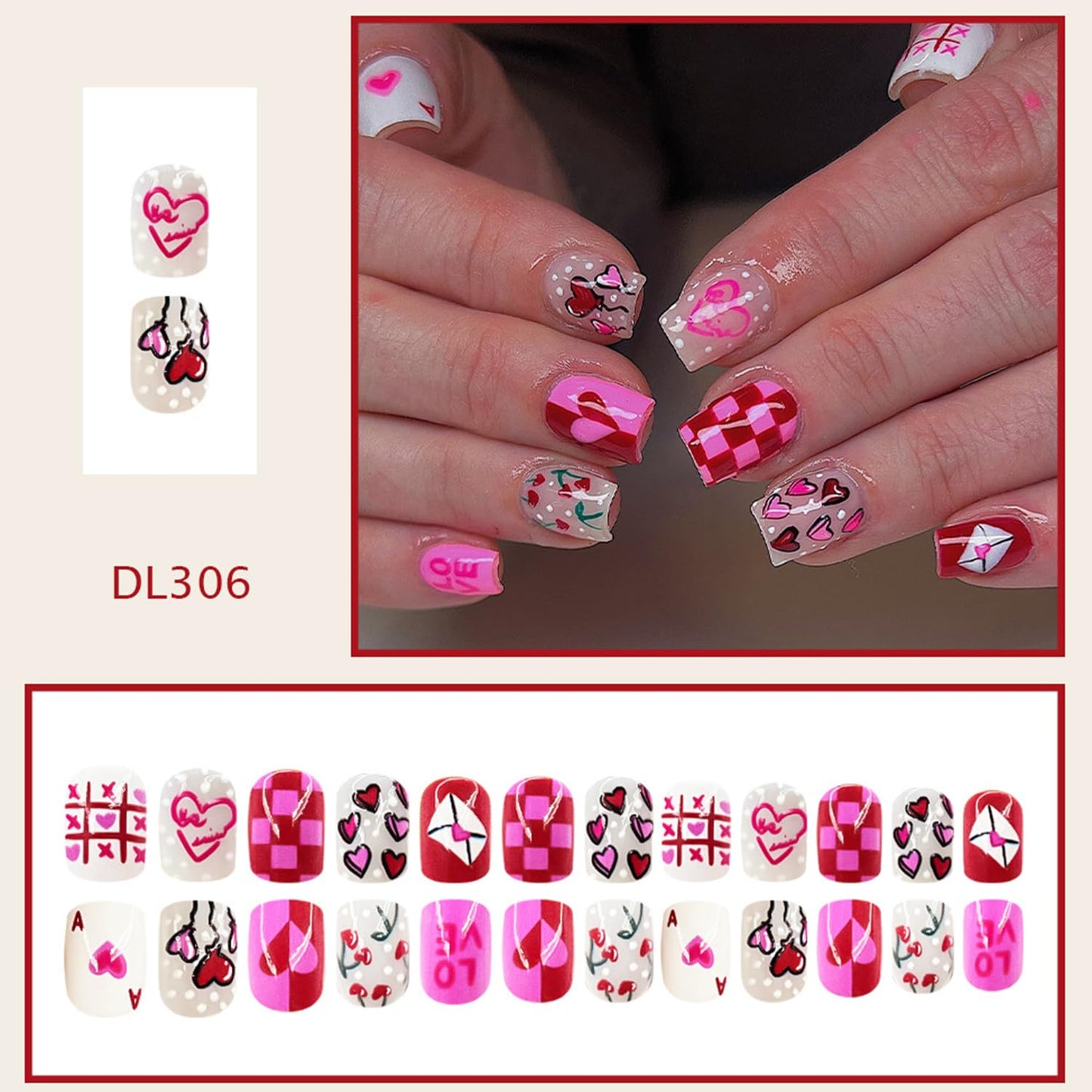 Heart Press on Nails Short Square Artificial Acrylic False Nails Colorful Love with Cherry Coffin Nail Full Cover Glossy Artificial Fingernails Valentines Stick on Nail for Women Festival Manicure