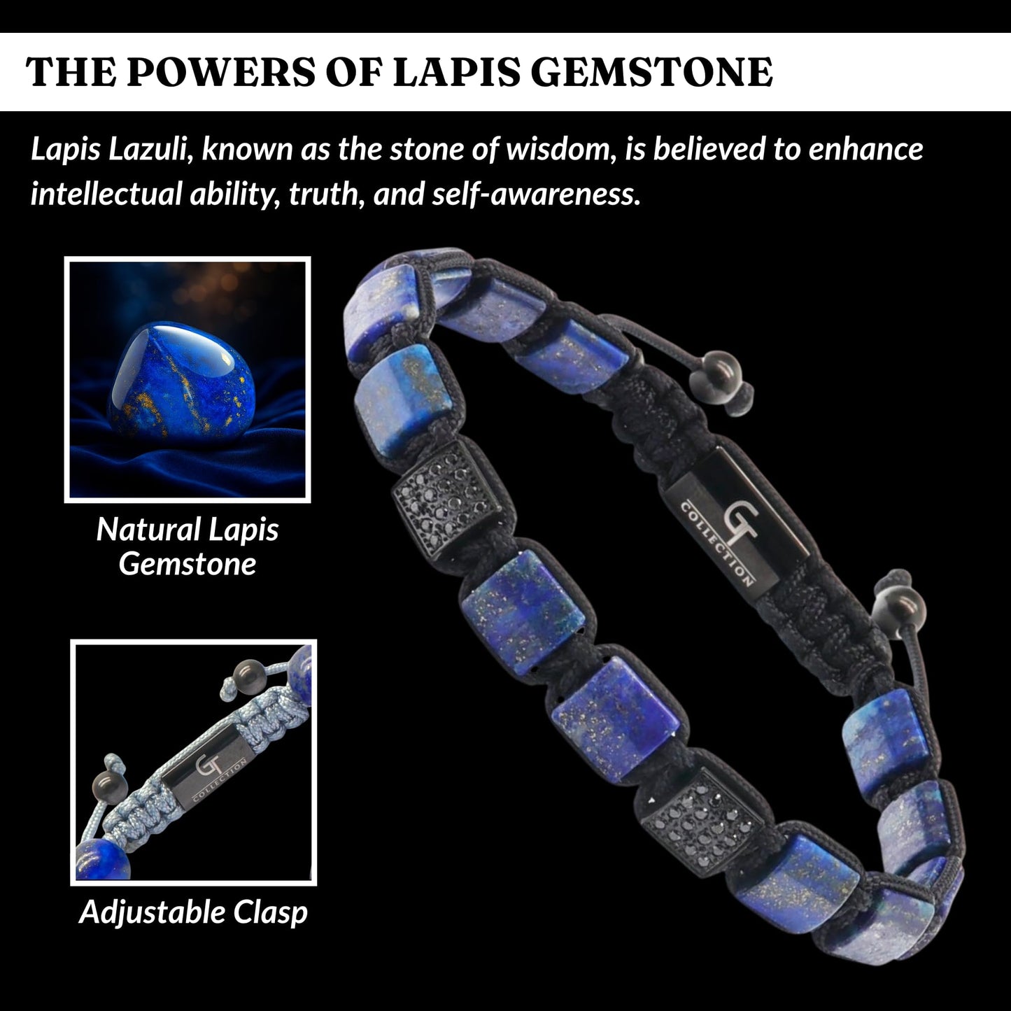GT collection Flat Bead Bracelet, Gemstone Adjustable Bracelets for Men - Beaded Energy Bracelet for Relaxation and Peace, Handcrafted Men's Jewelry Gifts for Men