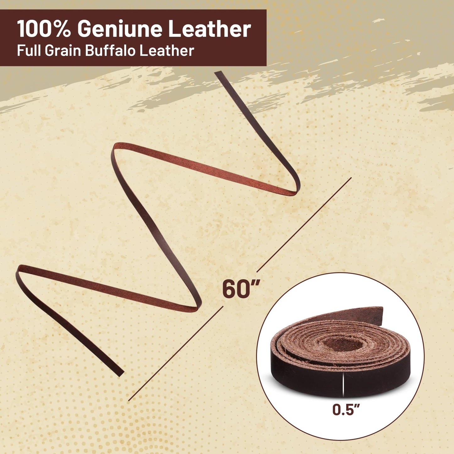 Genuine Buffalo Leather Strap for Crafts - Handcrafted Durable Full Grain Leather Roll - Leathercraft Accessories for Bracelet Making, Belt Making Supplies, Keychains, Dog Collars, & More (1” x 60”)