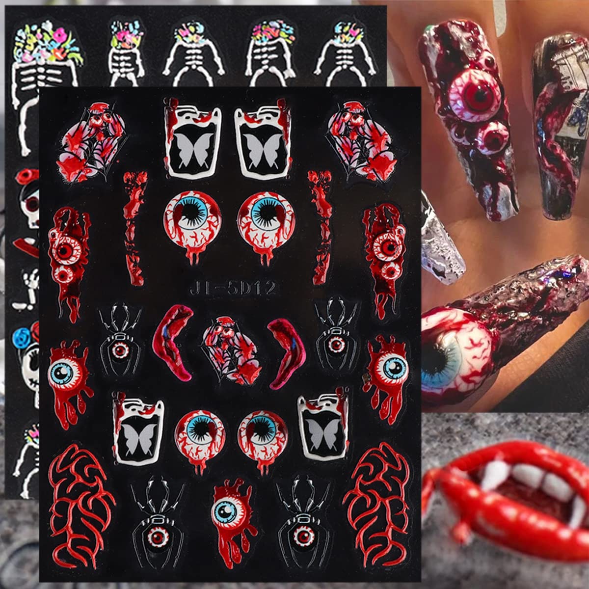 8Sheets Halloween Nail Stickers for Nail Art 5D Embossed Skull Ghost Nail Decals Self-Adhesive Pumpkin Spider Bat Eyes Skeleton Designs Horror Goth Nail Art Stickers for Women DIY Manicure Decoration