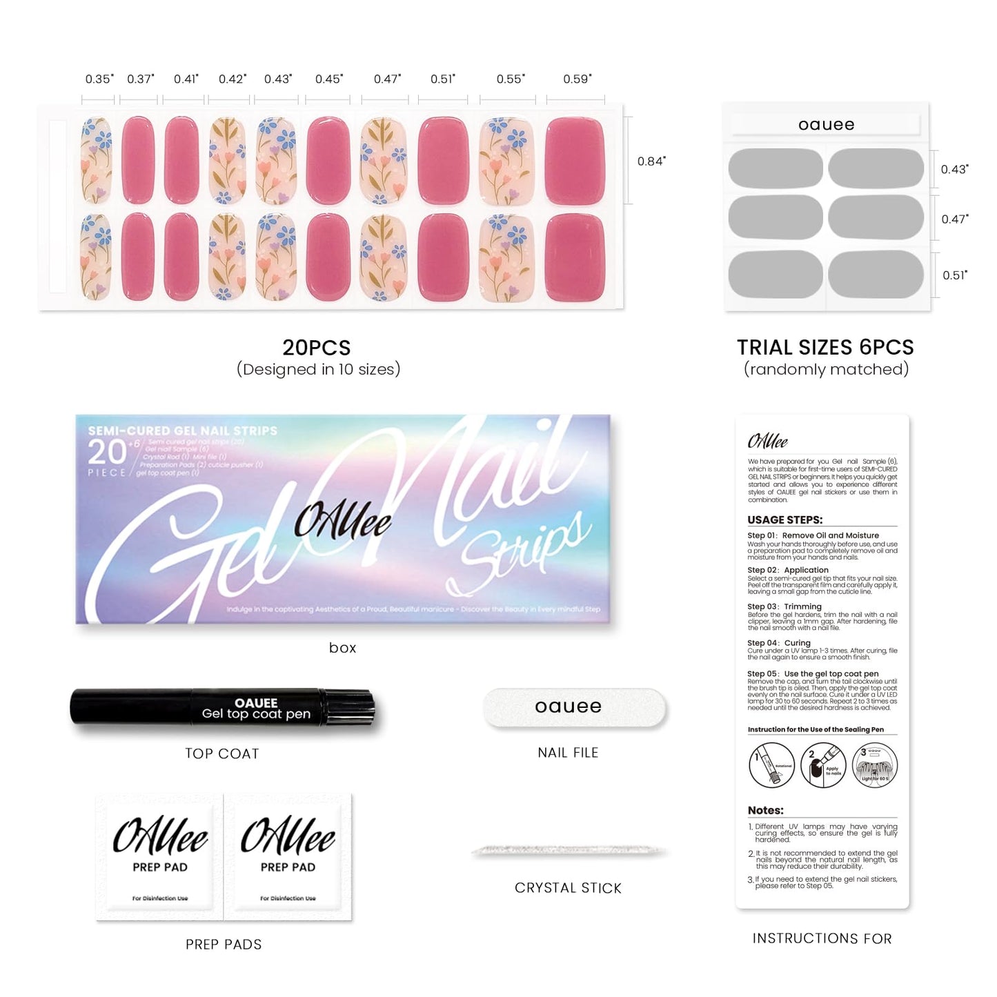 Oauee Semi Cured Gel Nail Strips | Built-In Gel Top Coat | UV Light Required | Salon Quality, Easy Application And Removal (Muted Purple Flower)