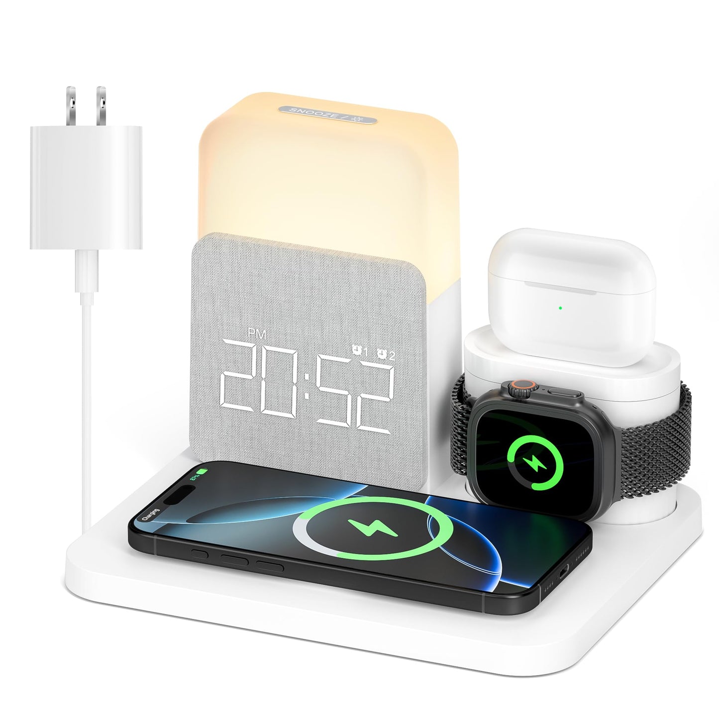 Alarm Clock with Wireless Charger for Bedrooms, 6 in 1 Wireless Charging Station, Magnetic Charger with Night Light Bedside Clock for iPhone 16 15 14 13 12 Pro Max, Apple Watch, AirPods