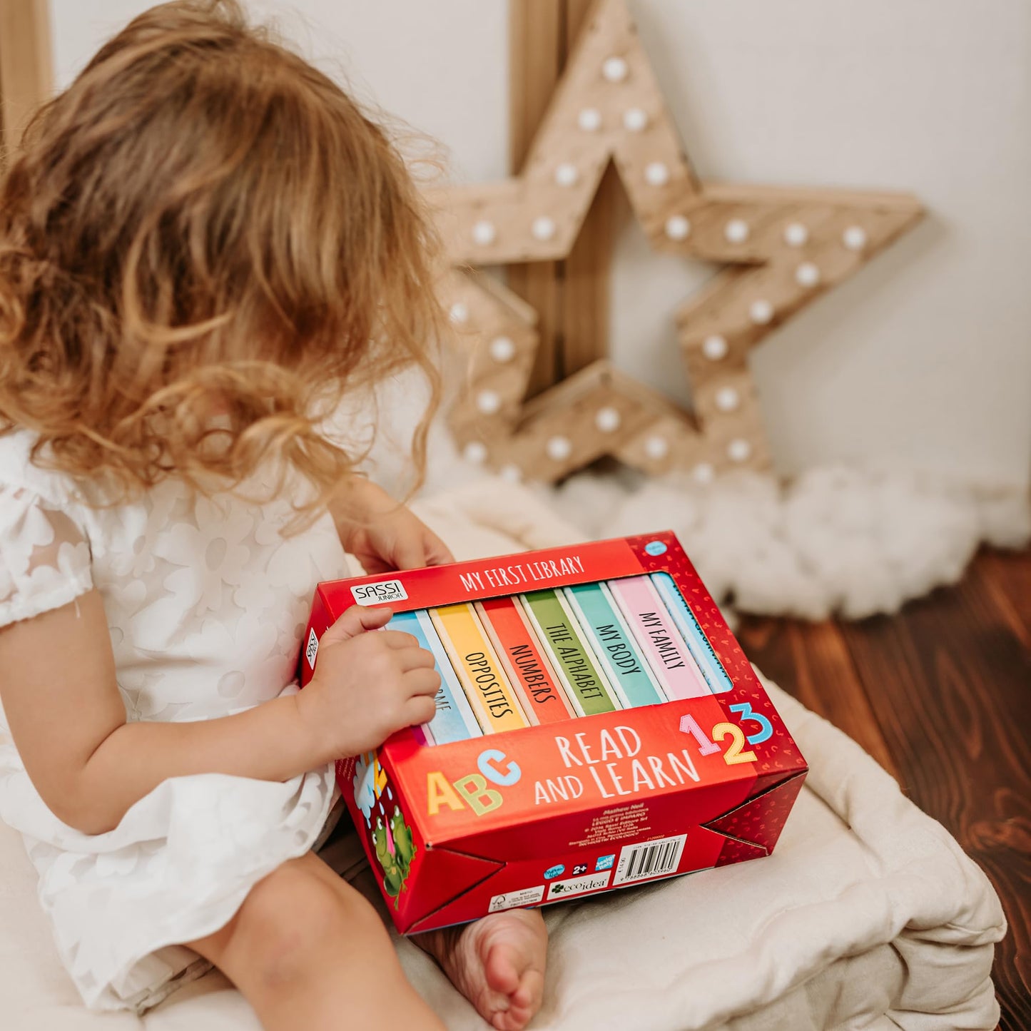 Sassi: My First Library - Read & Learn - 8 Cardboard Mini-Book Set, Abc's-Numbers-Body-Shapes-Colors-Family-Time, Portable Box, Kids-Toddlers Ages 2+