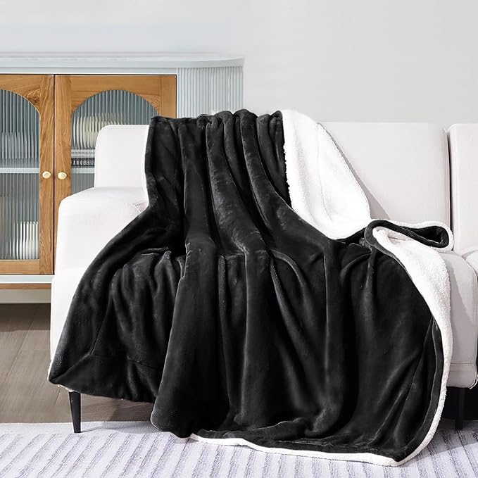 IR Imperial Rooms Sherpa Fleece Throw Blanket for Couch - Soft and Fuzzy Black Blanket for Winter - Reversible Thick and Warm Fluffy Throw Blankets for Bed, Sofa, Camping and Travel, 50x60 Inches