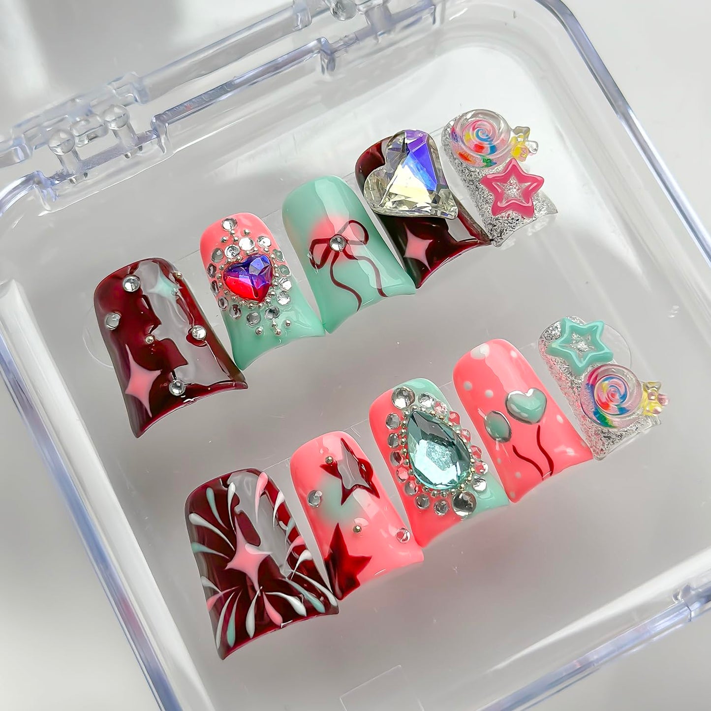 Luxury Press on Nails Short Duck Handmade 3D Unique Reusable ABS Material Fake Nails Pink Cute False Nails with Designs Rhinestones Stars Lollipop Glossy Glue on Nail Thick Acrylic Nail(M)
